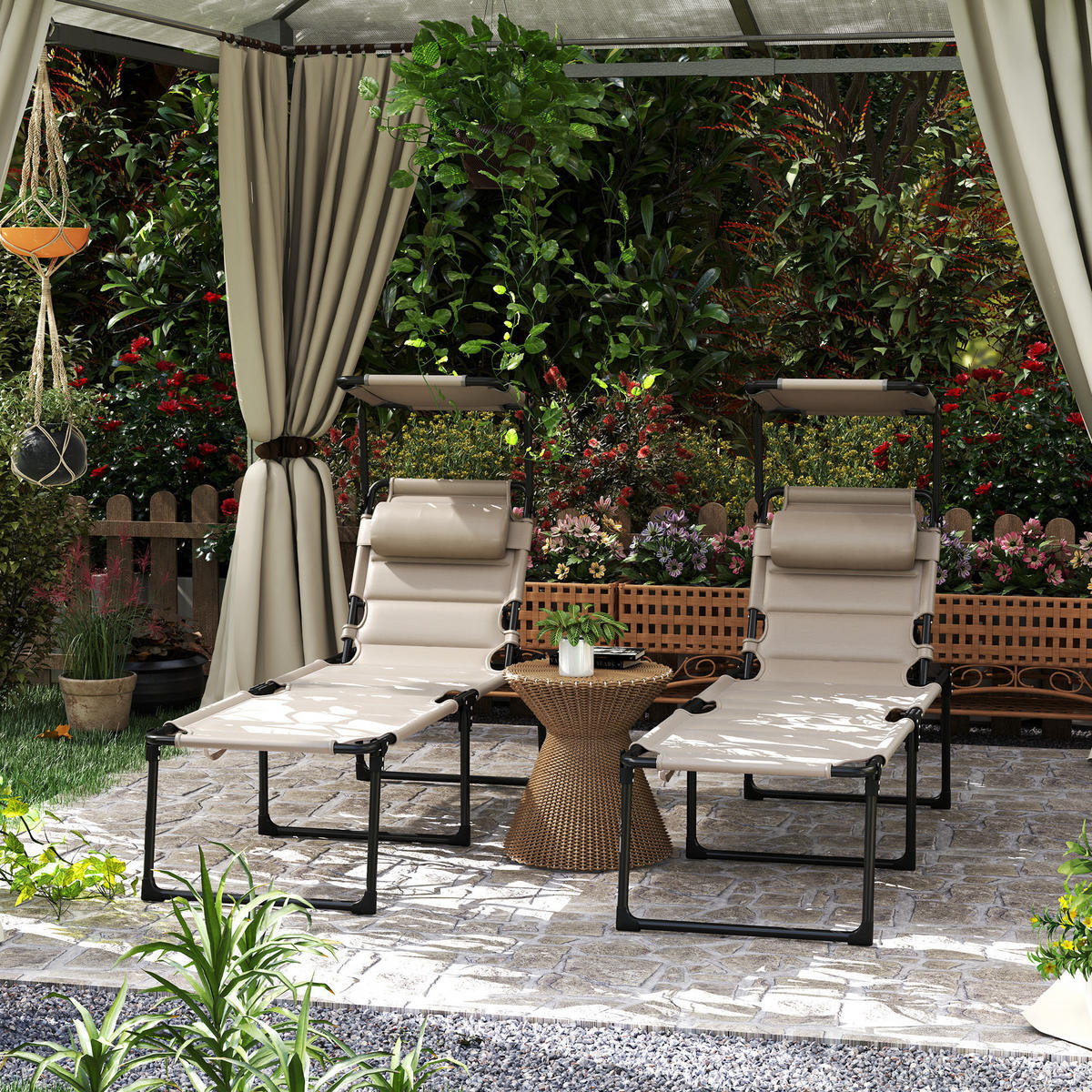 SONNENLIEGE 2er-Set DE-15652 klappbar, verstellbares Sonnendach Khaki - Mokka, Metall (200/45/70cm) - ComfortXL