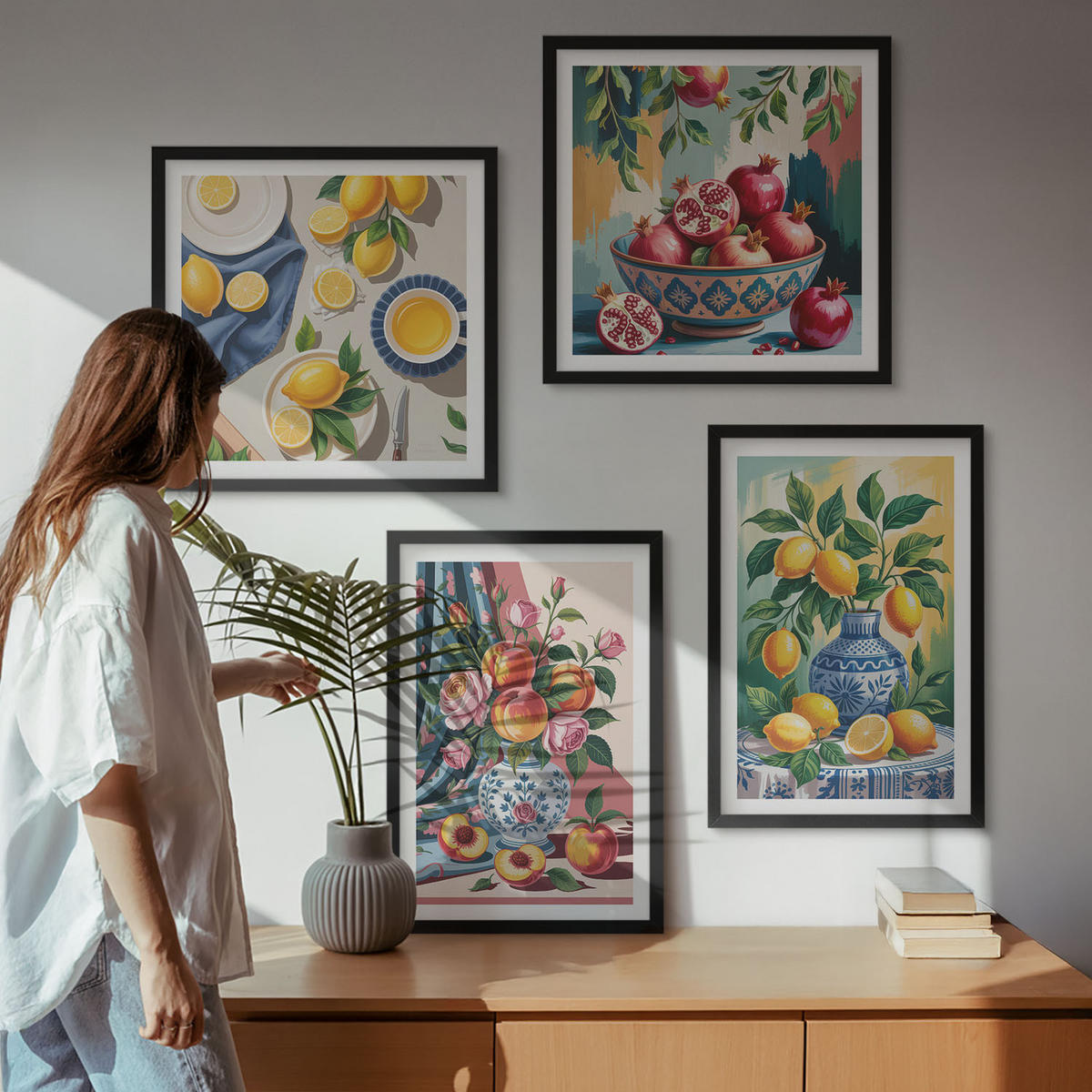 BILDER SET 4er Set - 50x50 cm & 40x60 cm Schwarzer Rahmen - Blumen und Früchte in Vasen - Schwarz, Kunststoff (50/50cm) - TULUP