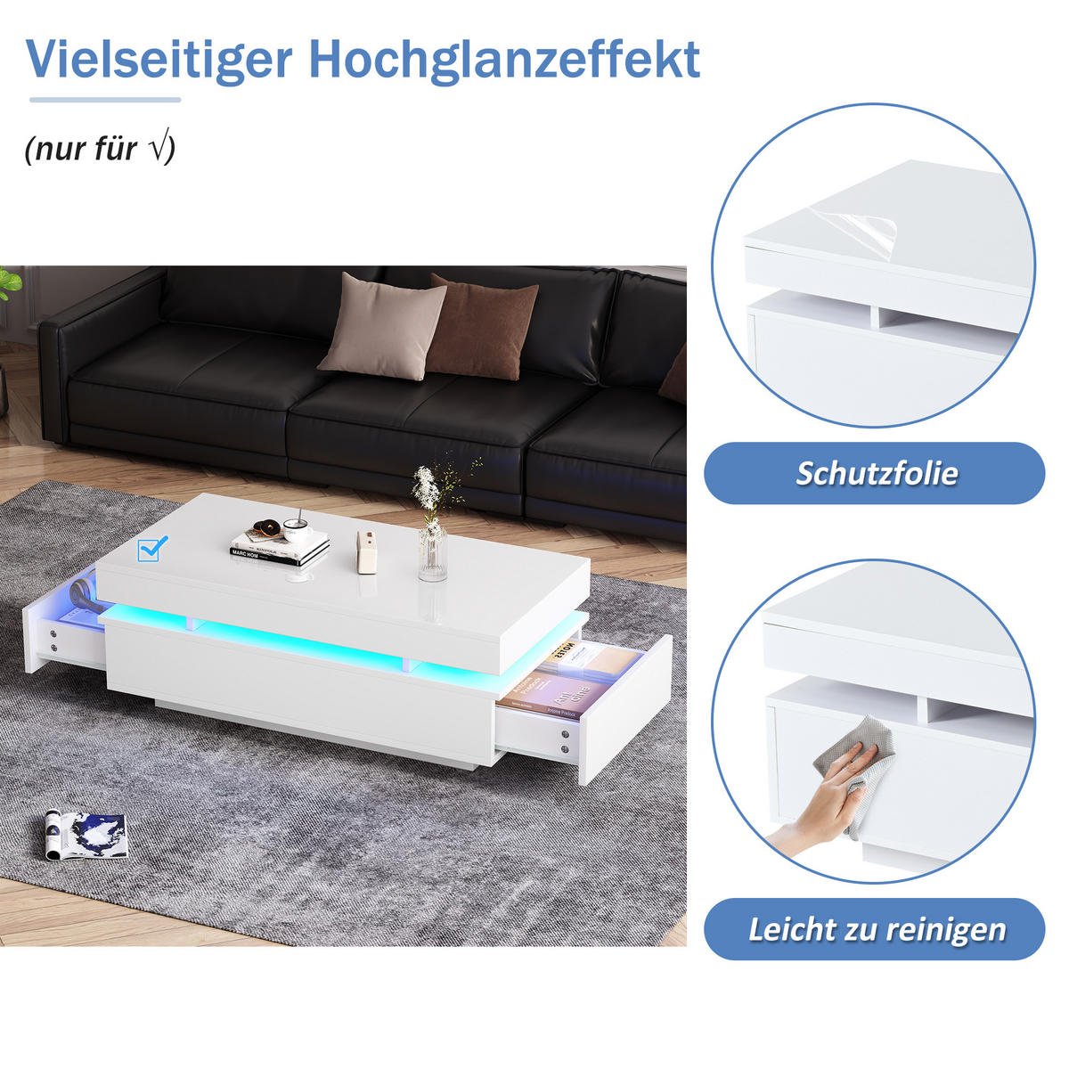 COUCHTISCH in Weiß Couchtisch mit 2 Schubladen, LED Hochglanz, Sofatisch für Wohnzimmer, B100/T50/H35cm - Weiß, Holzwerkstoff/Metall (50/100/35cm) - STILVORA