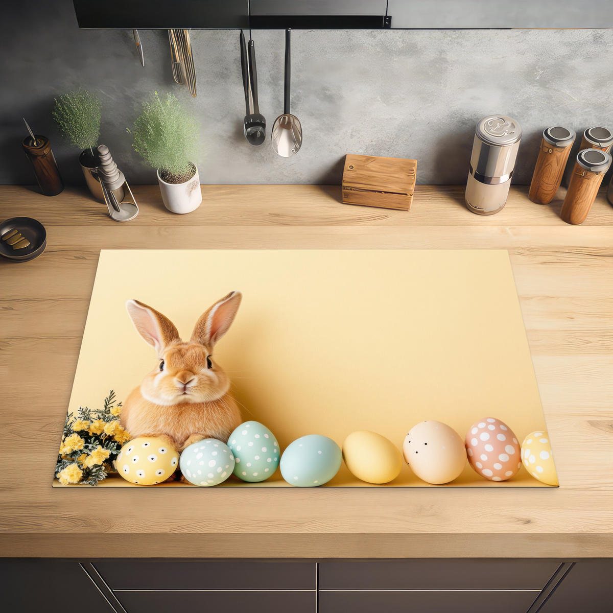 HERDABDECKPLATTE Eier - Kaninchen - Pastellfarbtöne Ceranfeldabdeckung 76x51.5 cm - Hellgelb, Kunststoff (76/51.5/0.2cm) - MuchoWow