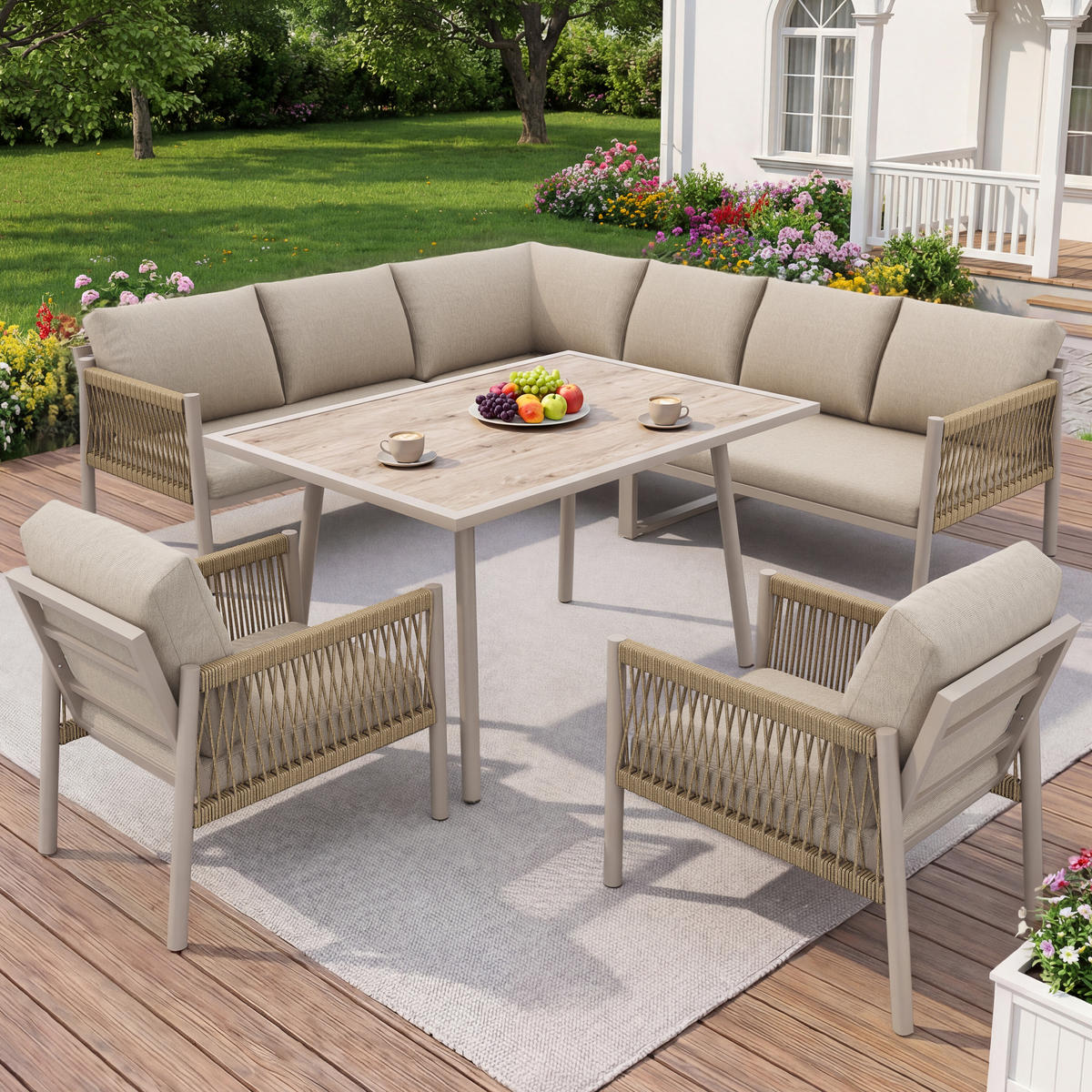 GARTENLOUNGE Beige 7-8 Personen L-Form Sofa Tisch 2 Sessel - Beige, Metall - FLIEKS