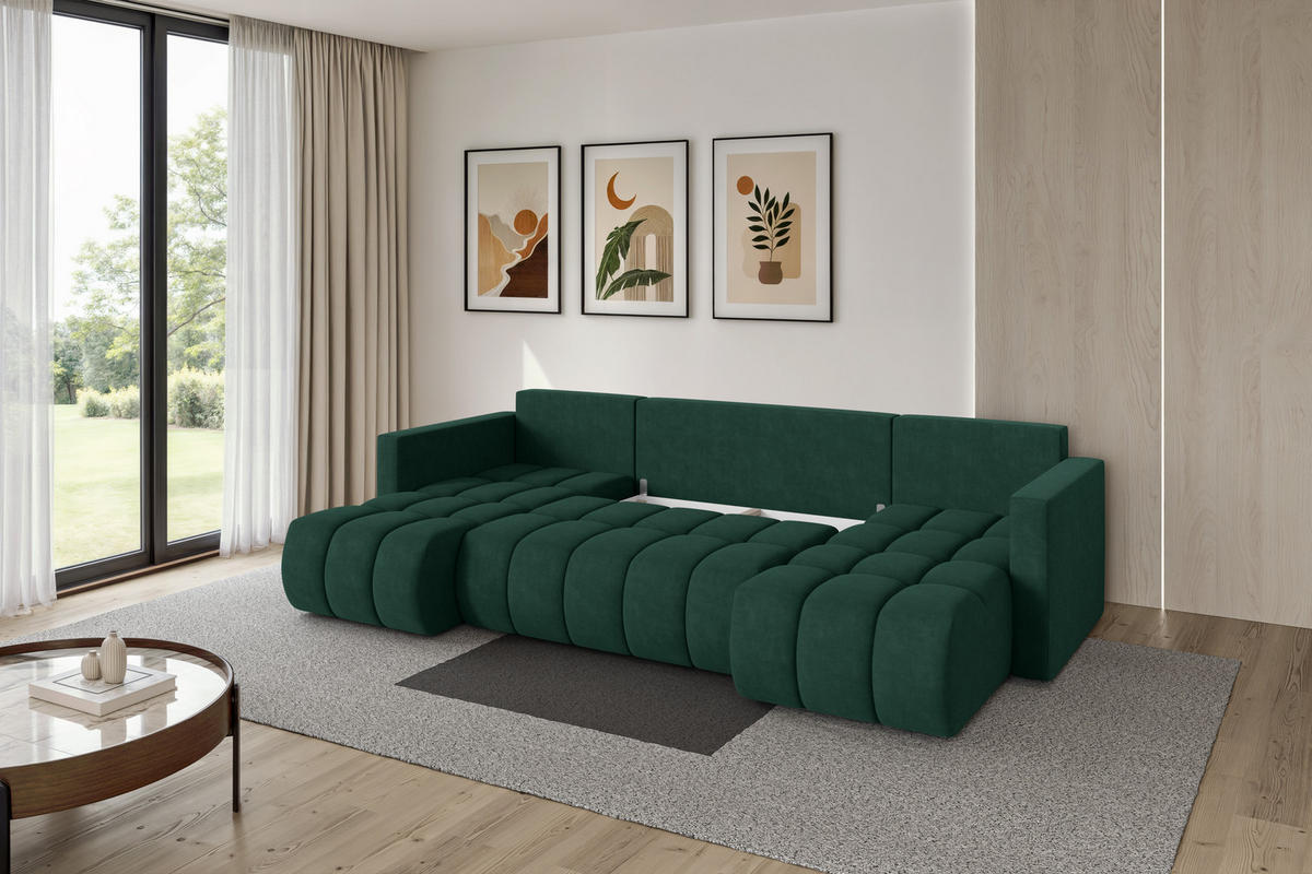 SEDACÍ SOUPRAVA DO U s funkcí spaní a úložným prostorem GARD-U 300x146x85 zelená velur - černá/zelená barva, kompozitní dřevo/textil (300/85/146cm) - ALTDECOR