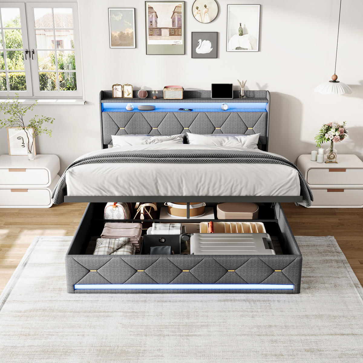 POLSTERBETT 140x200 cm mit LED, Doppelbett 140x200, Wireless Charging, USB Und Type-C, Stauraum, grau Leinenstoff - Grau, Textil/Metall (140/200cm) - GENKI LIVING