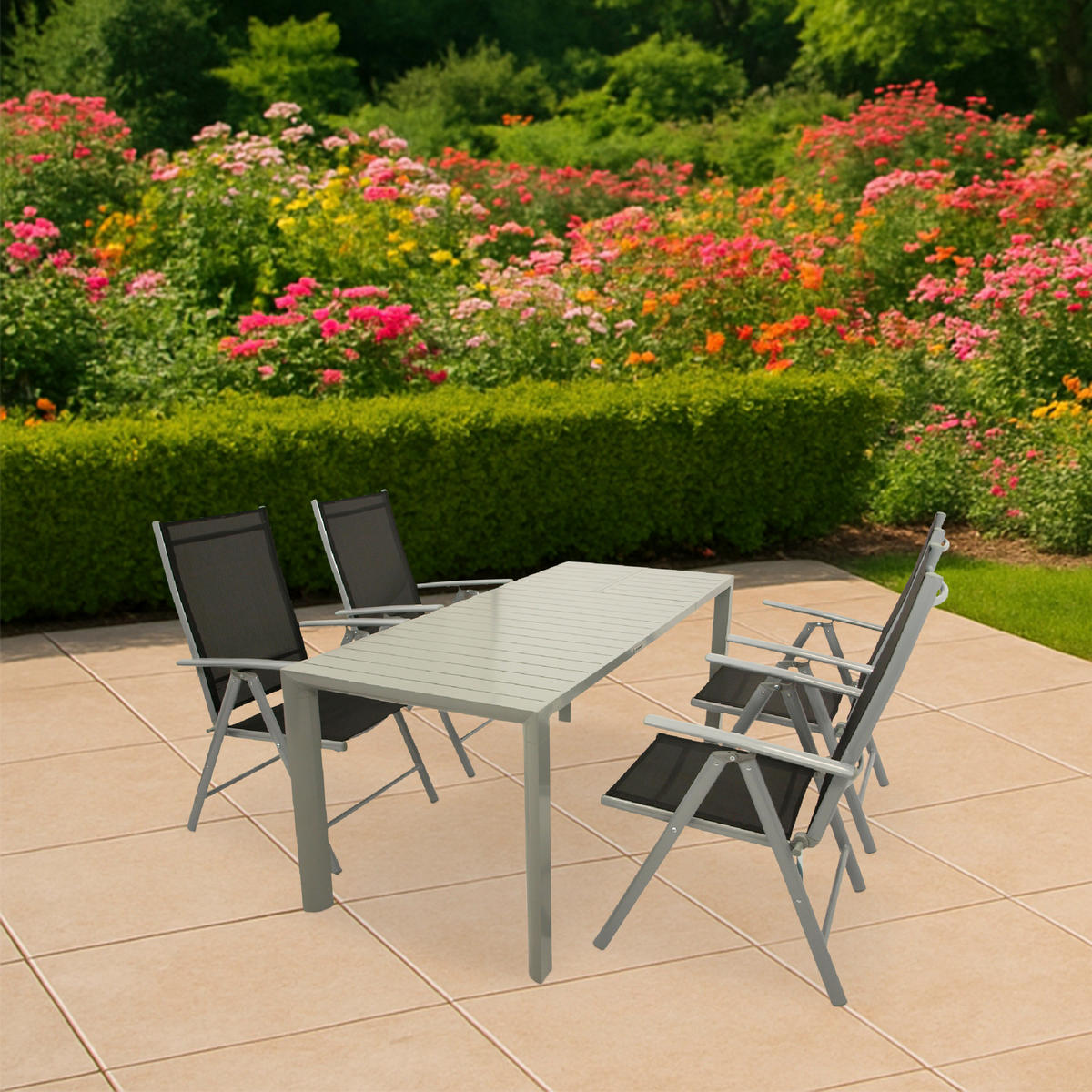 GARTEN-GARNITUR Sunderland - 5-teilige Garten-Essgruppe (4x Klappsessel mit Aluminiumgestell grau, Bespannung Textilene schwarz - Schwarz, Metall - TPFGarden