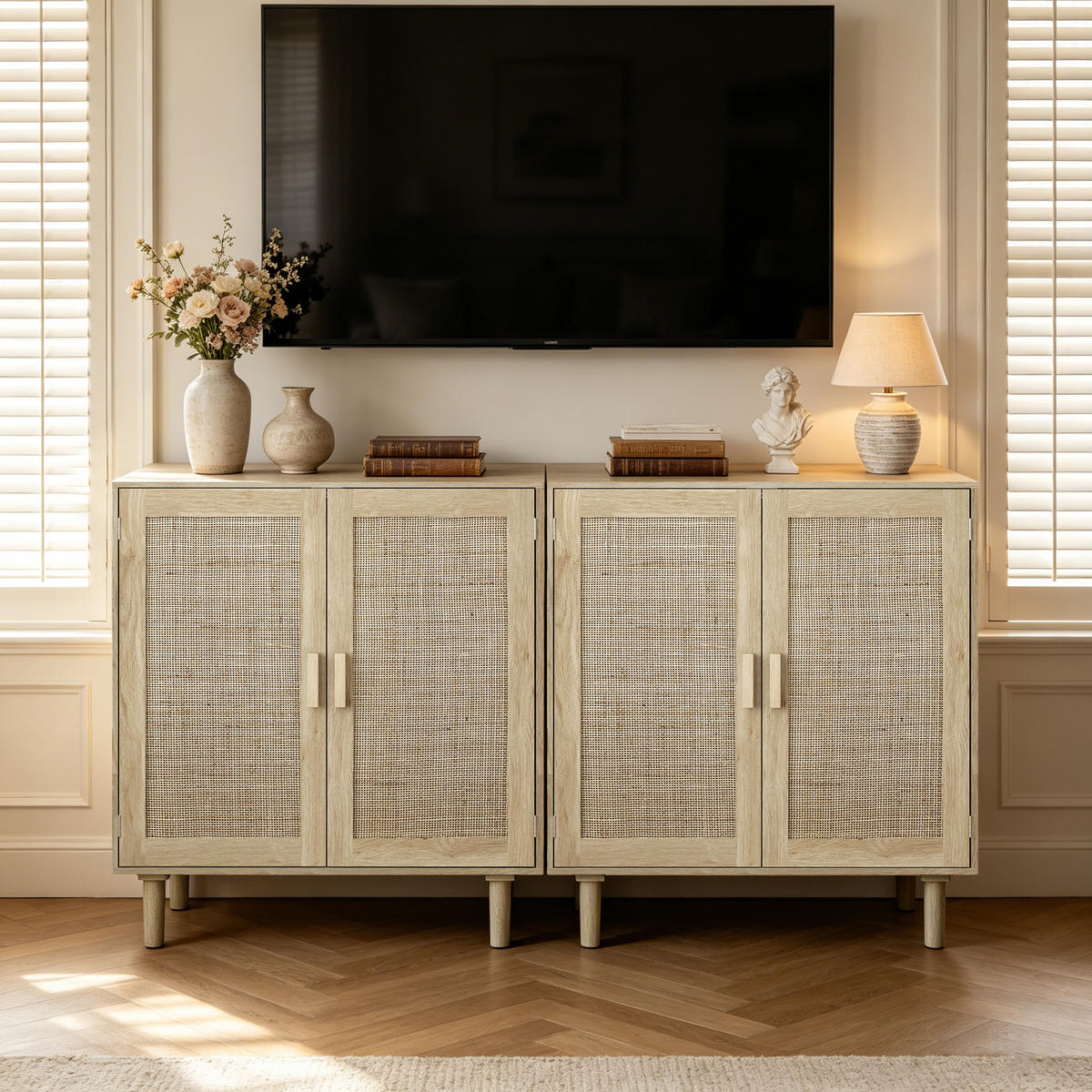 SIDEBOARD Aufbewahrungsschrank mit Rattan Holz Türen, offenen Fächern und Kippschutz, Massivholzgriffe - Schwarz/Naturfarben, Holzwerkstoff (80/88/40cm) - EVRYAE