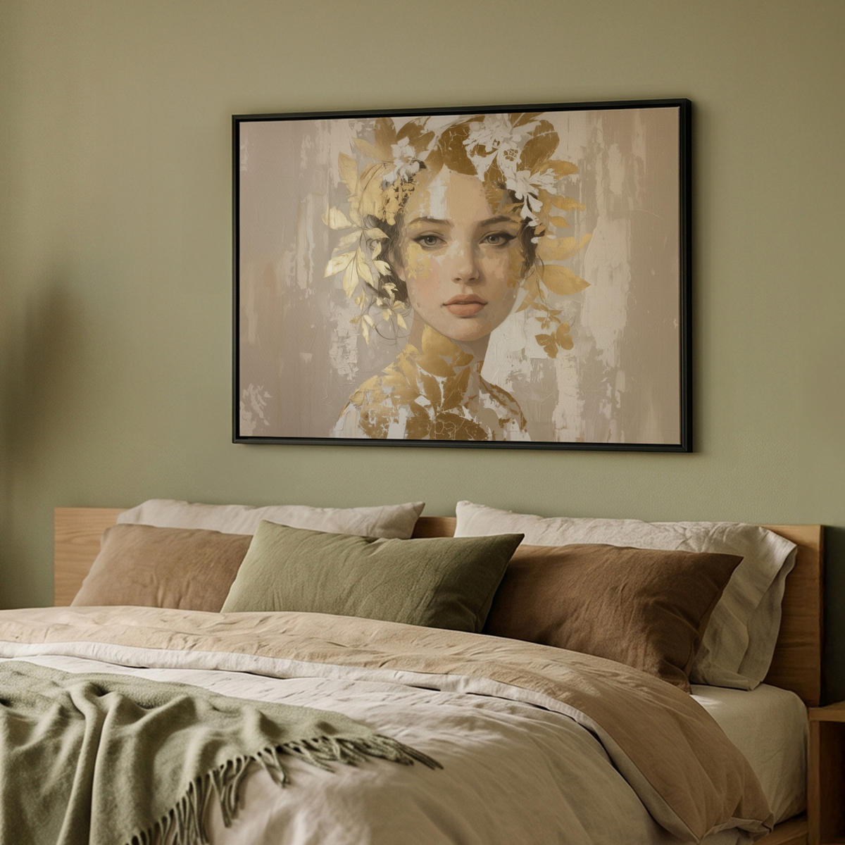 LEINWAND Bilder mit Rahmen - Gesicht - Frau - Blätter - Gold - 100x70 - Beige, Textil (100/70cm) - MuchoWow