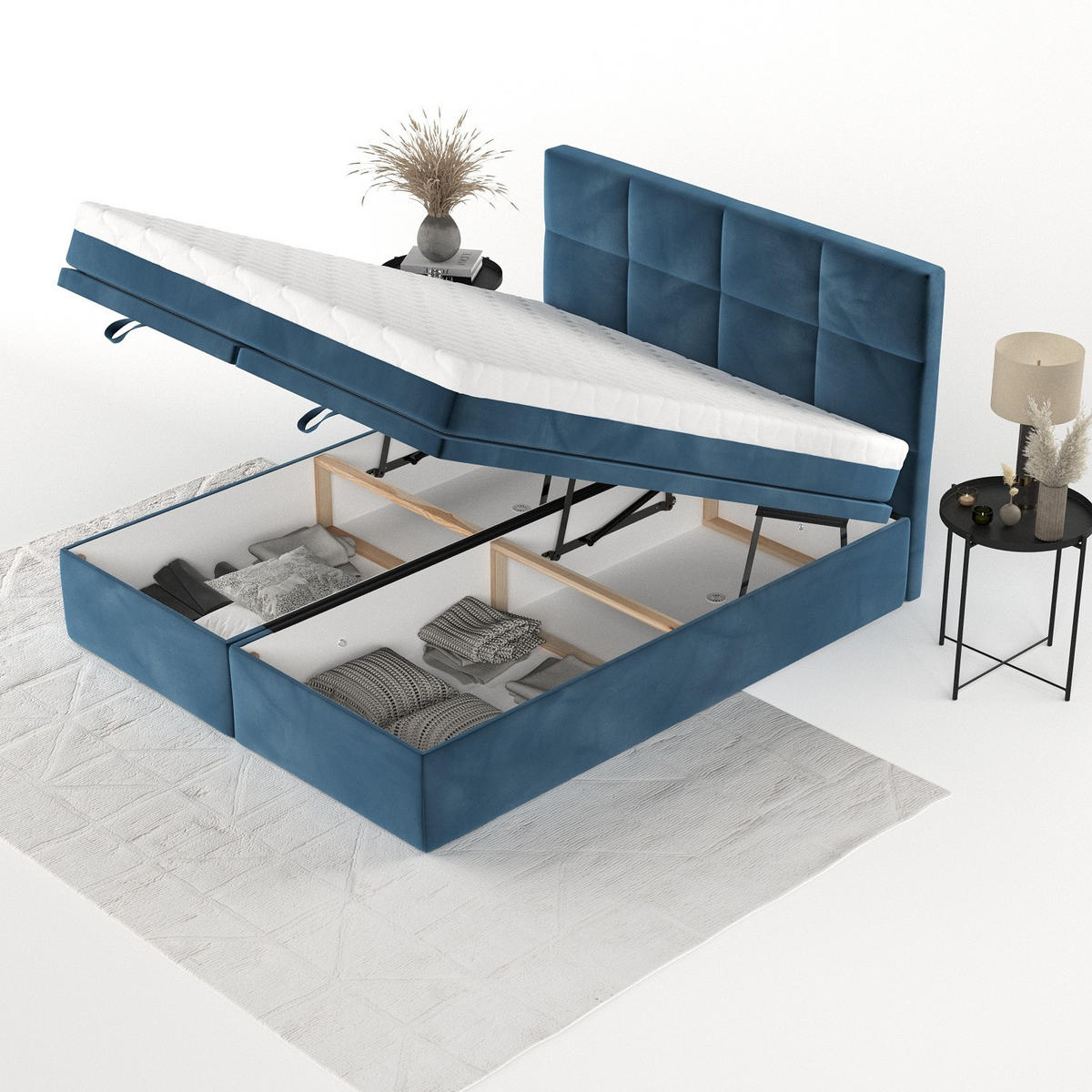 BOXBETT Tessa 200/200 cm Dunkelblau im Kronos Stoff - Schwarz/Dunkelblau, Holz/Holzwerkstoff (200/200cm) - AltaBeds