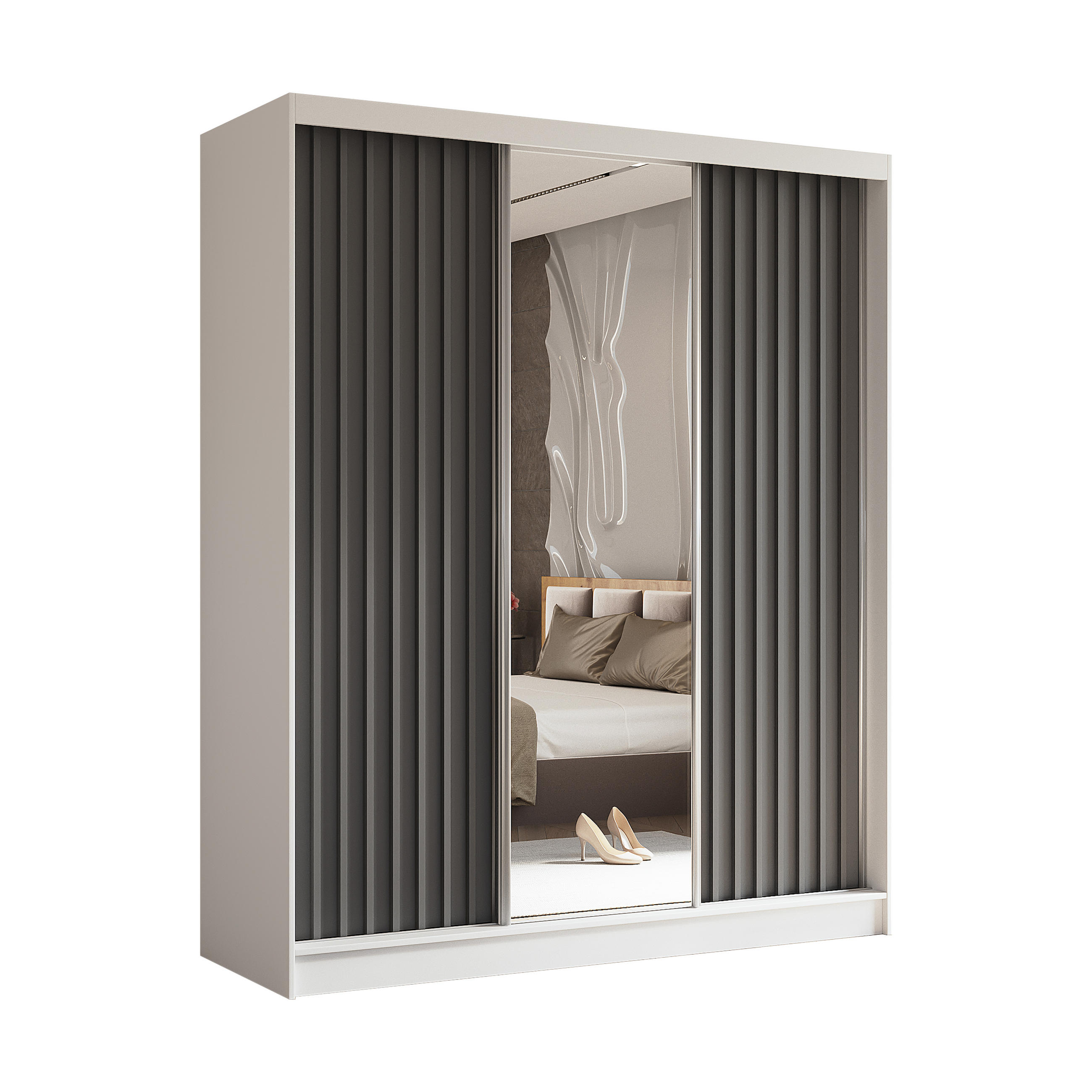 SCHWEBETÜRENSCHRANK LAMELLO 180/216/61 cm 3-türig mit Spiegel Weiß - Weiß/Grau, Holzwerkstoff (180/216/61cm) - MASSENO