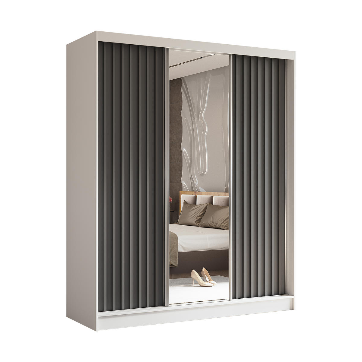 SCHWEBETÜRENSCHRANK LAMELLO 180/216/61 cm 3-türig mit Spiegel Weiß - Weiß/Grau, Holzwerkstoff (180/216/61cm) - MASSENO