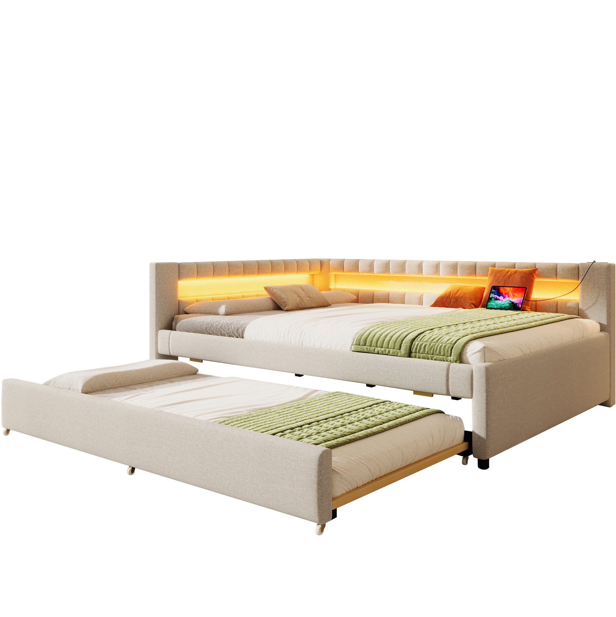 OKWISH DENNÍ postel 140/200 cm béžová z lnu a MDF s výsuvným lůžkem LED a USB/Typ-C