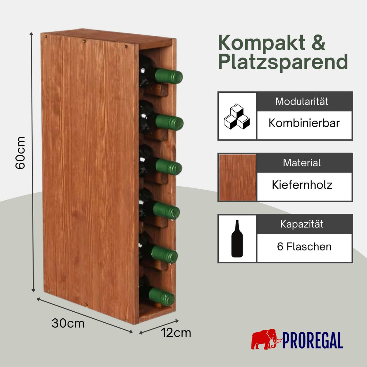 WEINREGAL Vincellar Mod 60x12x30 cm Schmal Modul Für 6 Flaschen Massives Kiefernholz Braun Geölt - Braun, Holz (12/60/30cm) - PROREGAL