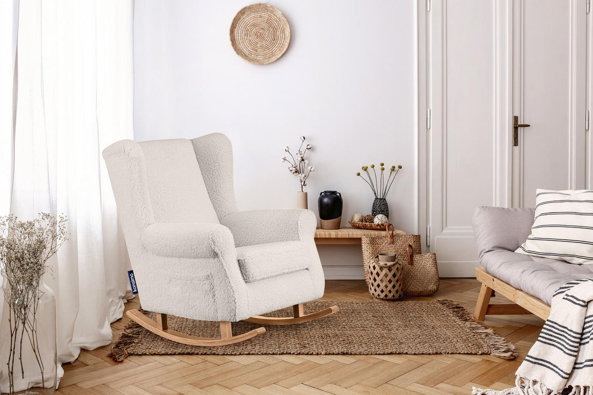 SCHAUKELSESSEL TULES mit Tasche für kleine Gegenstände, cremefarben - Eichefarben/Creme, Eichenholz/Holzwerkstoff (80/105/105cm) - KONSIMO®