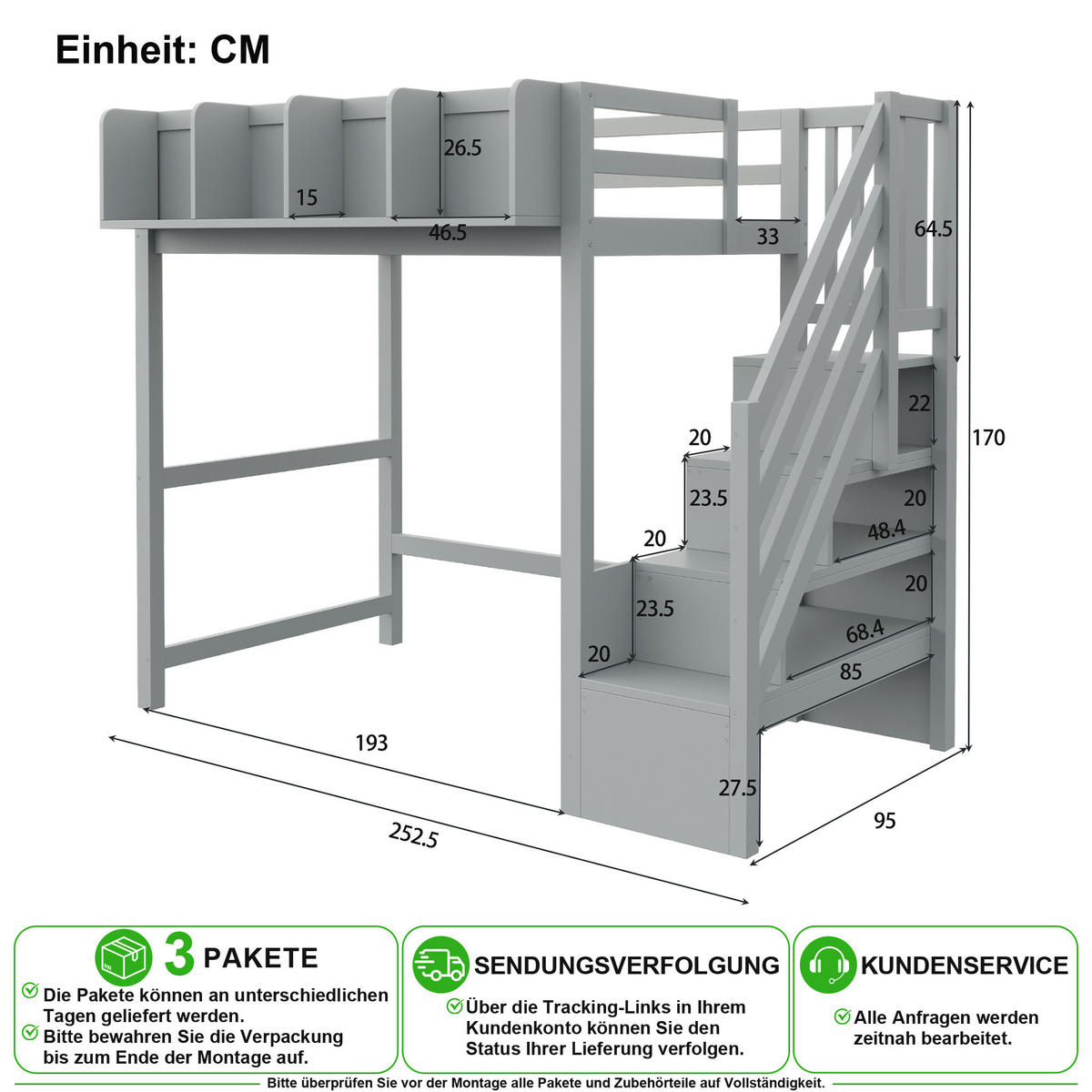 HOCHBETT 90/200 cm in Grau mit Sicherheitsgitter, Ablage, LED und Leiter aus Holz - Grau, Holz/Holzwerkstoff (90/200cm) - CHICFURN