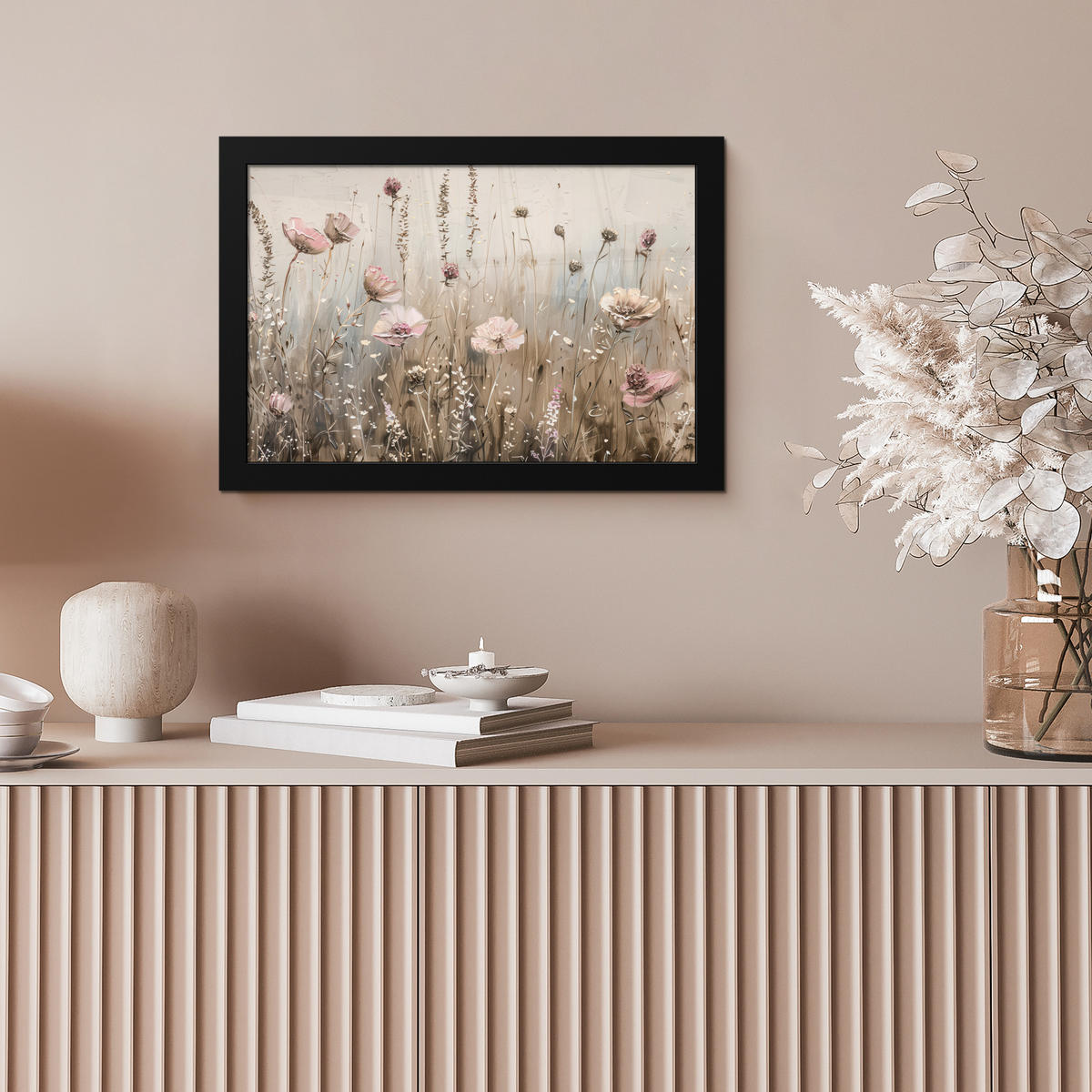 POSTER MIT RAHMEN Blumen - Rosa - Modern - Beige 30x20 cm - Beige, Papier (30/20cm) - MuchoWow
