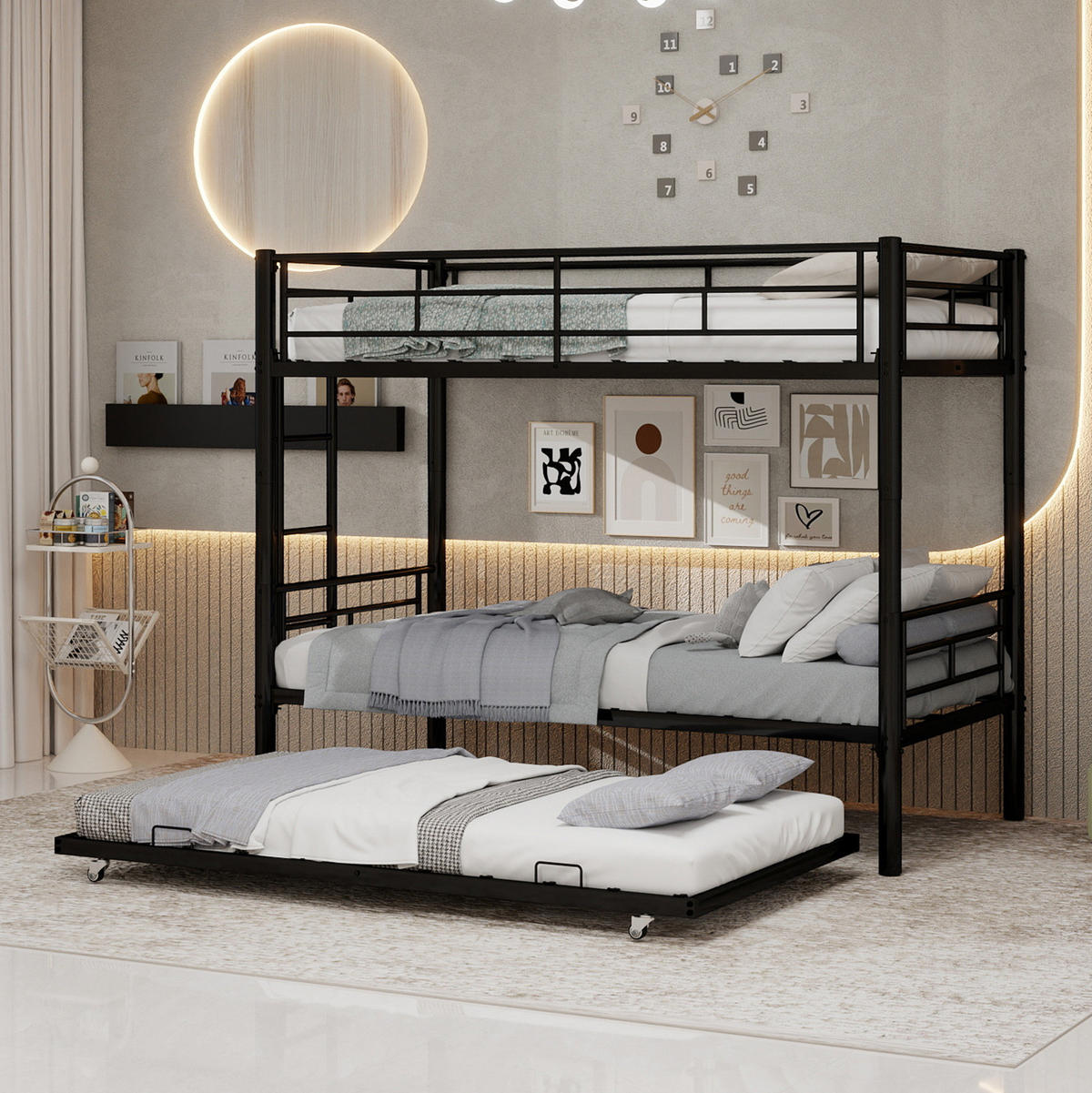 ETAGENBETT 90/200 cm aus Metall in Schwarz mit breiten Holzstufen - Schwarz, Metall (90/200cm) - Modenvie