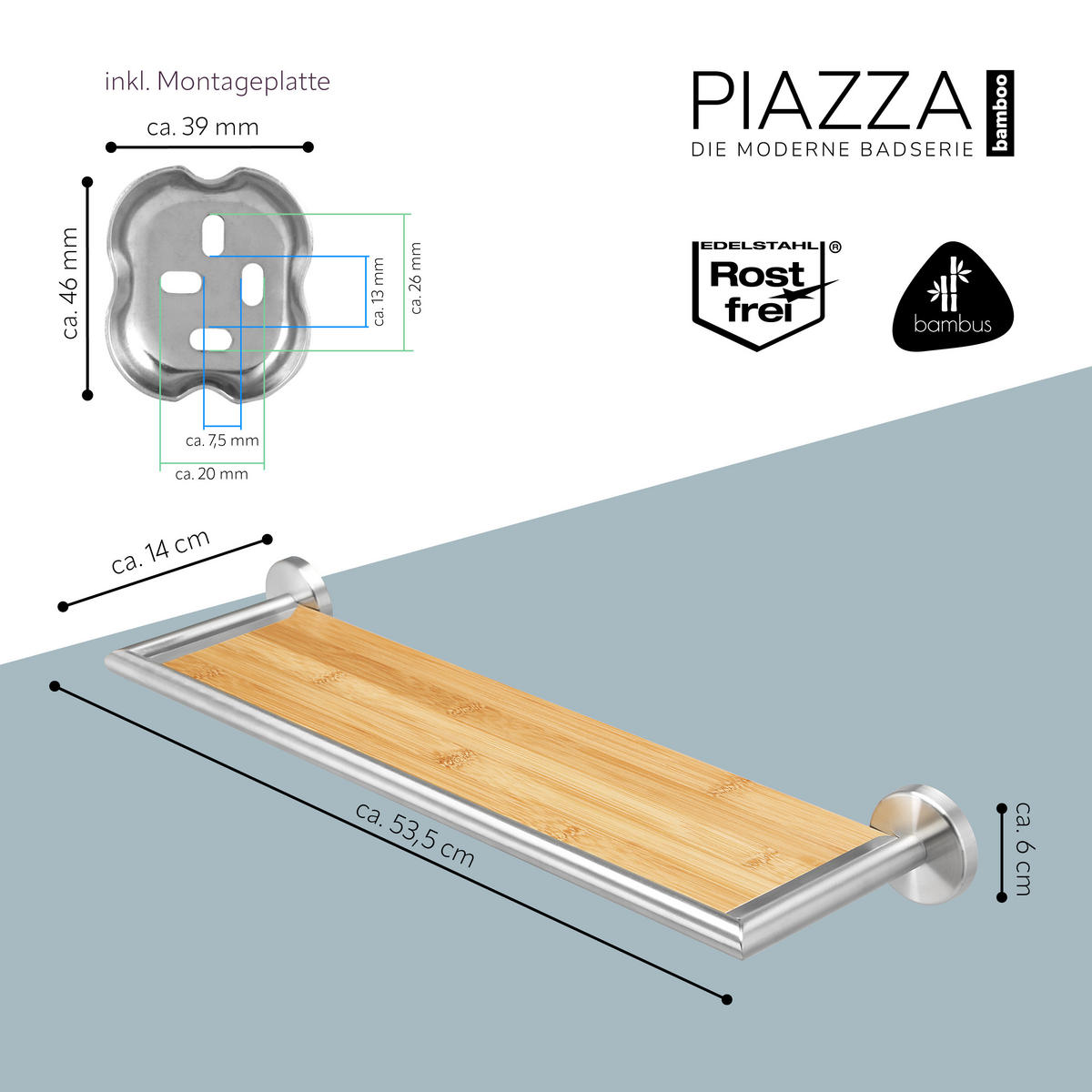 WANDABLAGE PIAZZA, Edelstahl und Bambus, inkl. Klebeset - Braun, Metall (53.5/6/14cm) - bremermann
