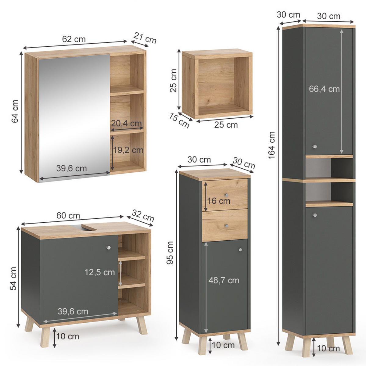 BADMÖBEL-SET Senyo Anthrazit 5 Teile - Honigeiche/Anthrazit, Holzwerkstoff (62/54/32cm) - Vicco