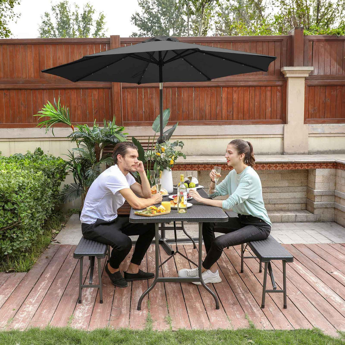 SONNENSCHIRM MIT LED-SOLAR-BELEUCHTUNG - Grau, Textil (300/300cm) - Hansiro