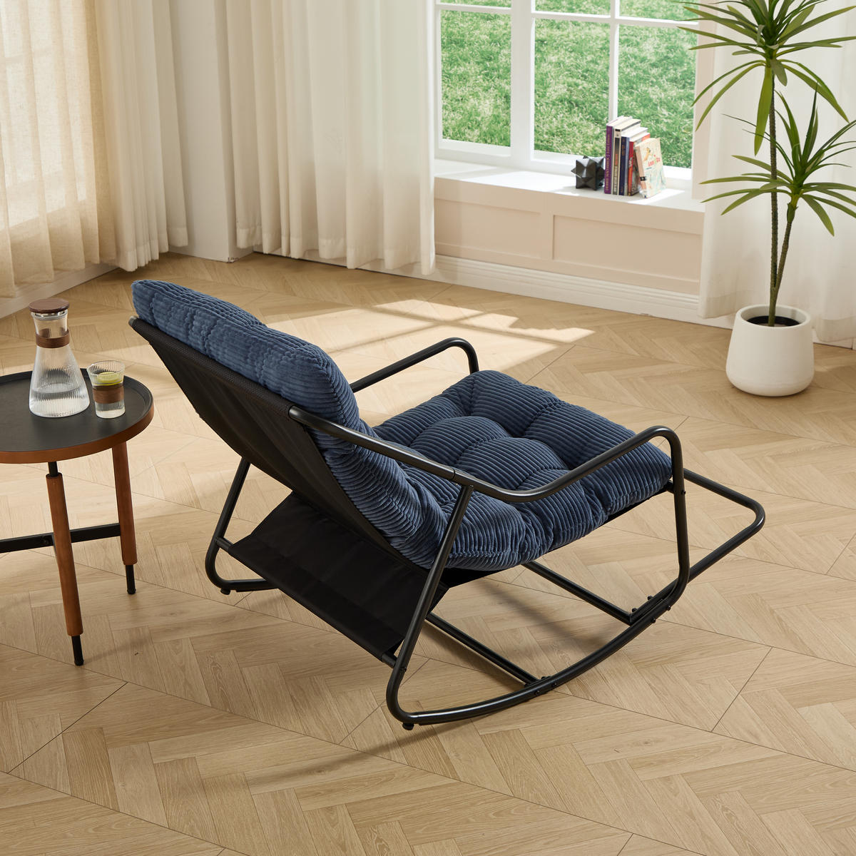 RELAX Schaukelstuhl Blau mit Beinablage Dickem Kissen und Stabilem Stahlrahmen - Blau, Metall (75/82/116cm) - PARAFTA HOME