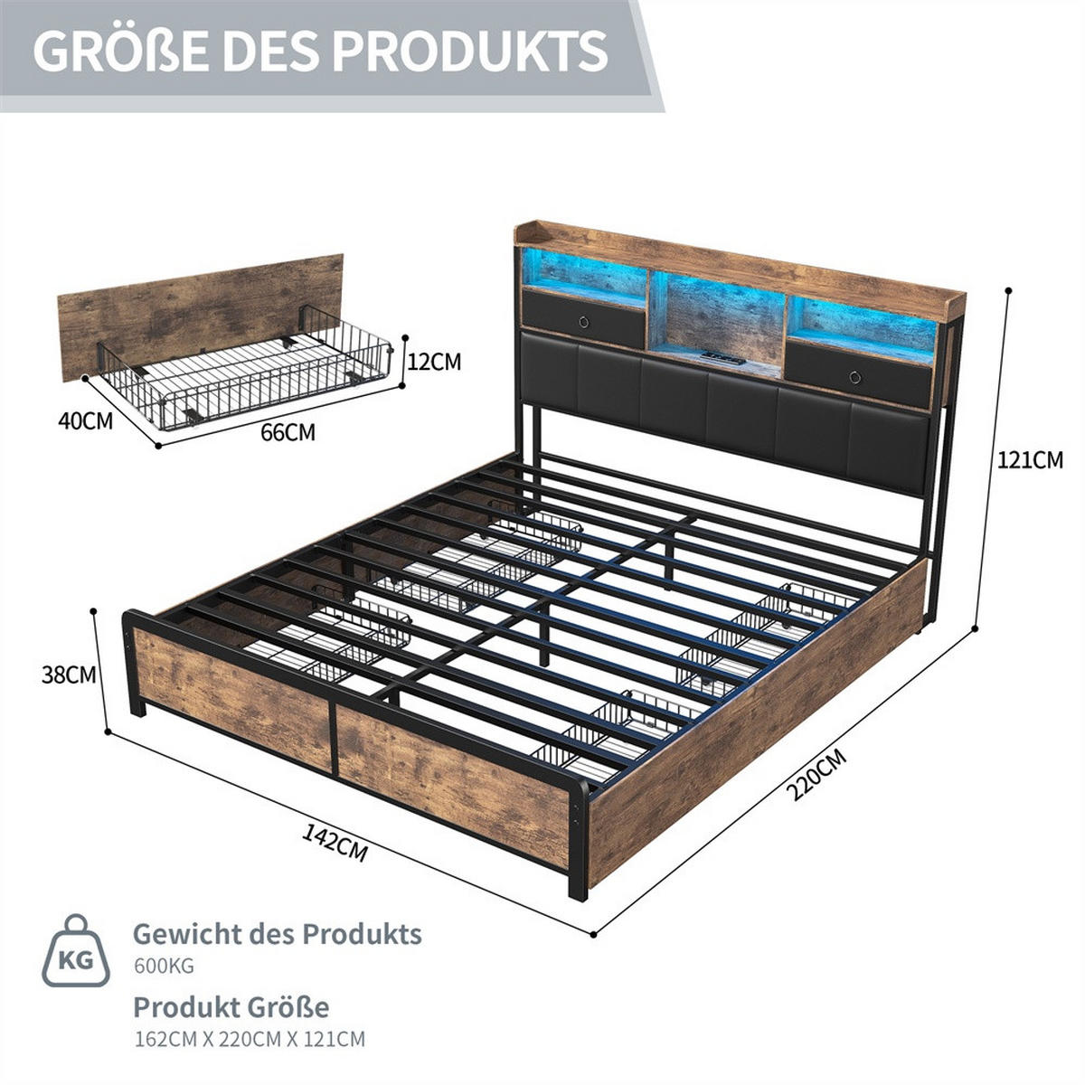 METALLBETT 140 x 200 cm mit 6 Schubladen - Kopfteil-Ablage mit LED-Beleuchtung und Steckdosen & USB-Anschlüsse - Braun, Metall (140/200cm) - DELFA