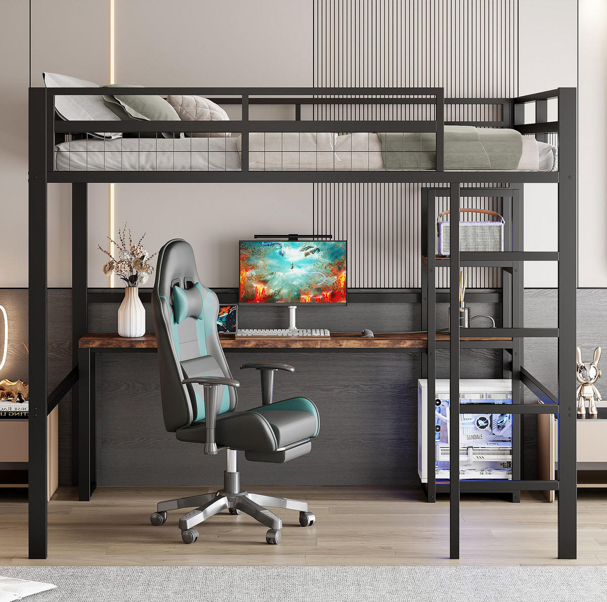 HOCHBETT 140/200 cm Schwarz mit Schreibtisch und USB-Anschluss - Schwarz, Metall (140/200cm) - OKWISH