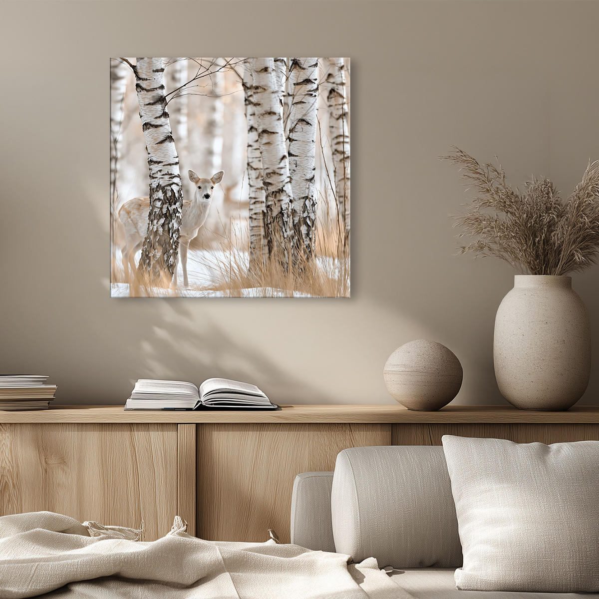 GLASBILD 50x50 cm Birken-Wald Reh weiß beige - Beige, Glas (50/50cm) - artissimo