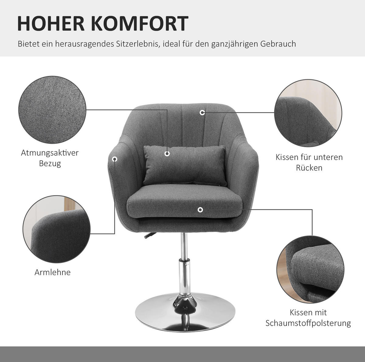DREHSTUHL 60/91/60 cm Dunkelgrau aus Polyester höhenverstellbar - Dunkelgrau, Kunststoff (60/91/60cm) - OKMYHOME