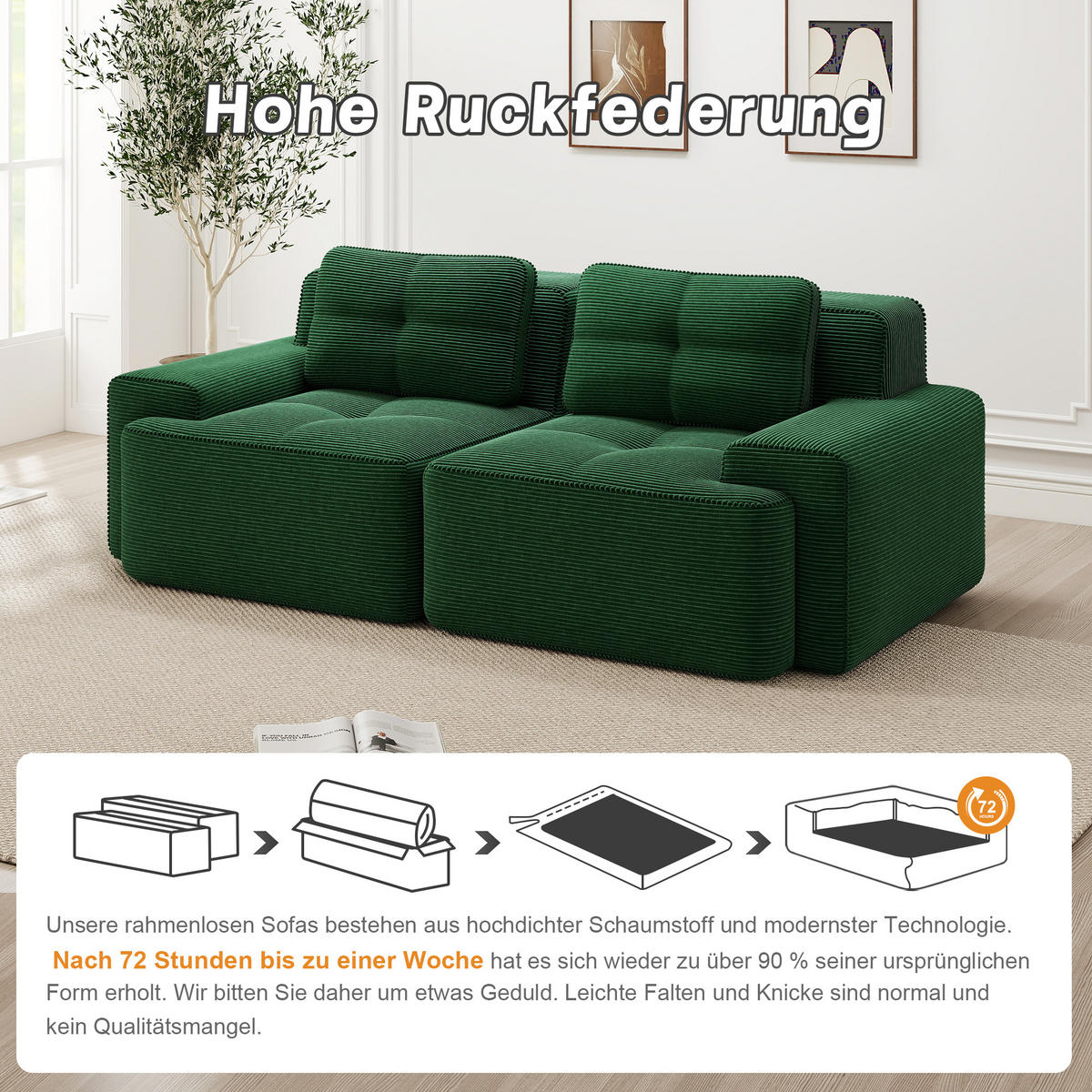 2-SITZER SOFA Boneless Modular Cord Grün ohne Montage - Grün, Textil (204/69/104cm) - Urban Meuble