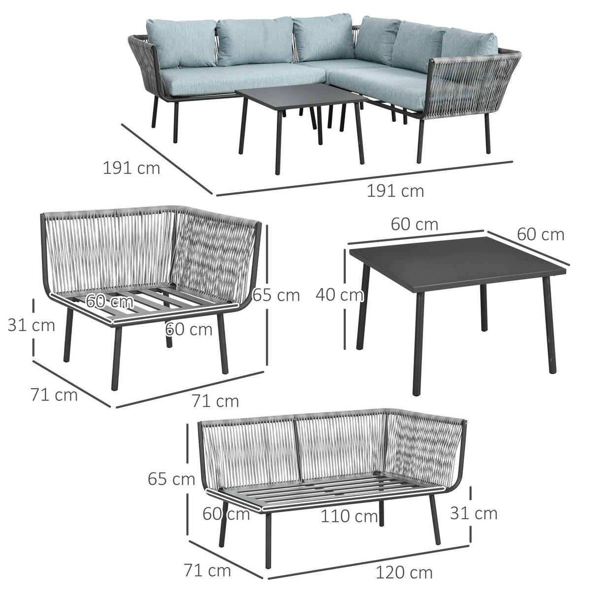 GARTENMÖBEL-SET 120/71/65 cm mit Couchtisch und Kissen, Aluminium und Kunstrattan, Grau - Grau, Metall - Redom