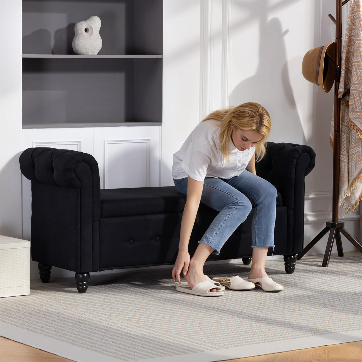 TRUHENBANK DE-16448 2-in-1 mit Stauraum Schwarz - Schwarz, Textil (146.5/72/49cm) - ComfortXL