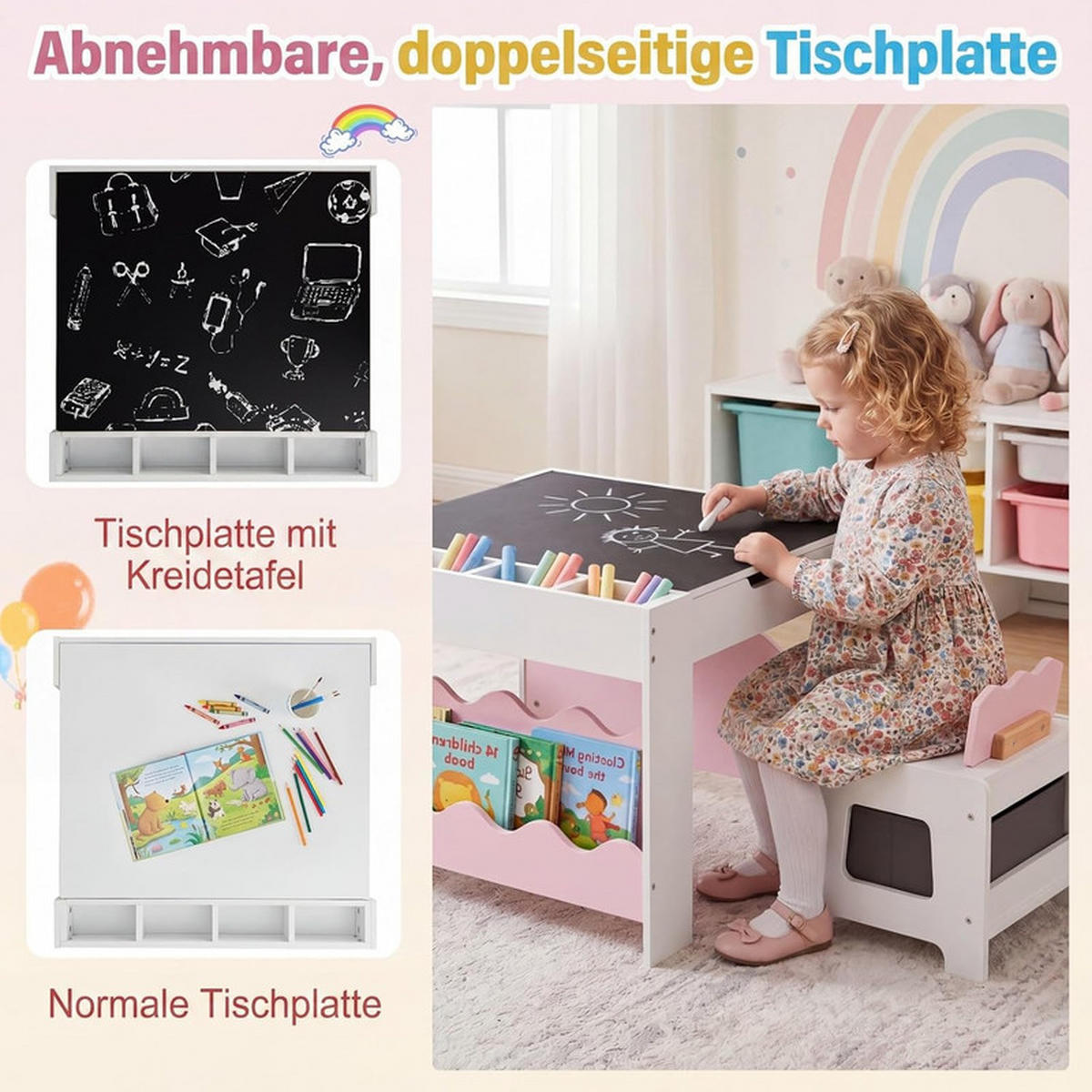KINDERTISCH mit Stuhl rosa(3-tlg) - Pink, Holzwerkstoff (66/48/64cm) - COSTWAY