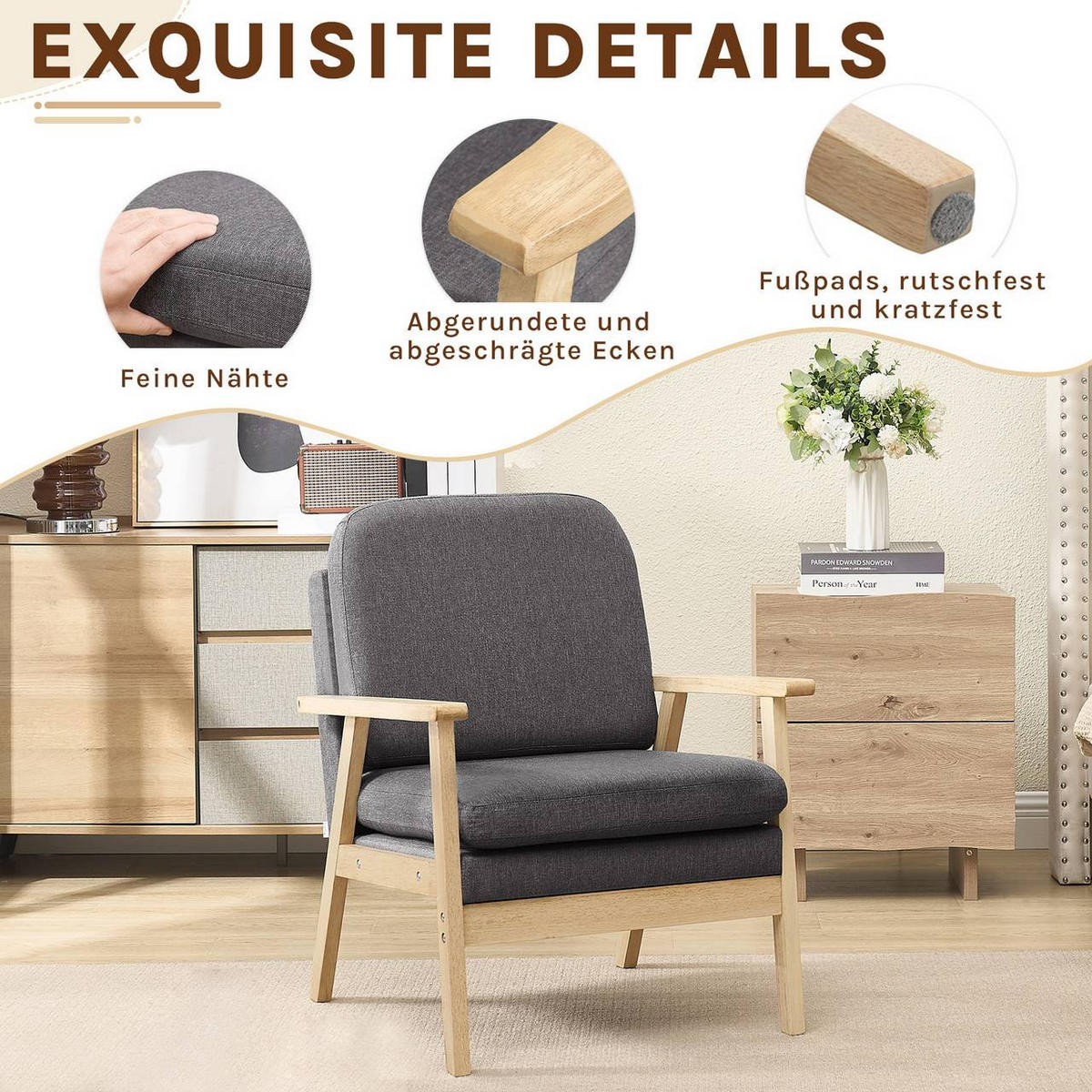 SESSEL Einzelsofa, aus Leinen Massivholz, Dunkelgrau - Eukalyptusholzfarben/Dunkelgrau, Holz/Textil (64/81.5/66.5cm) - Woltu