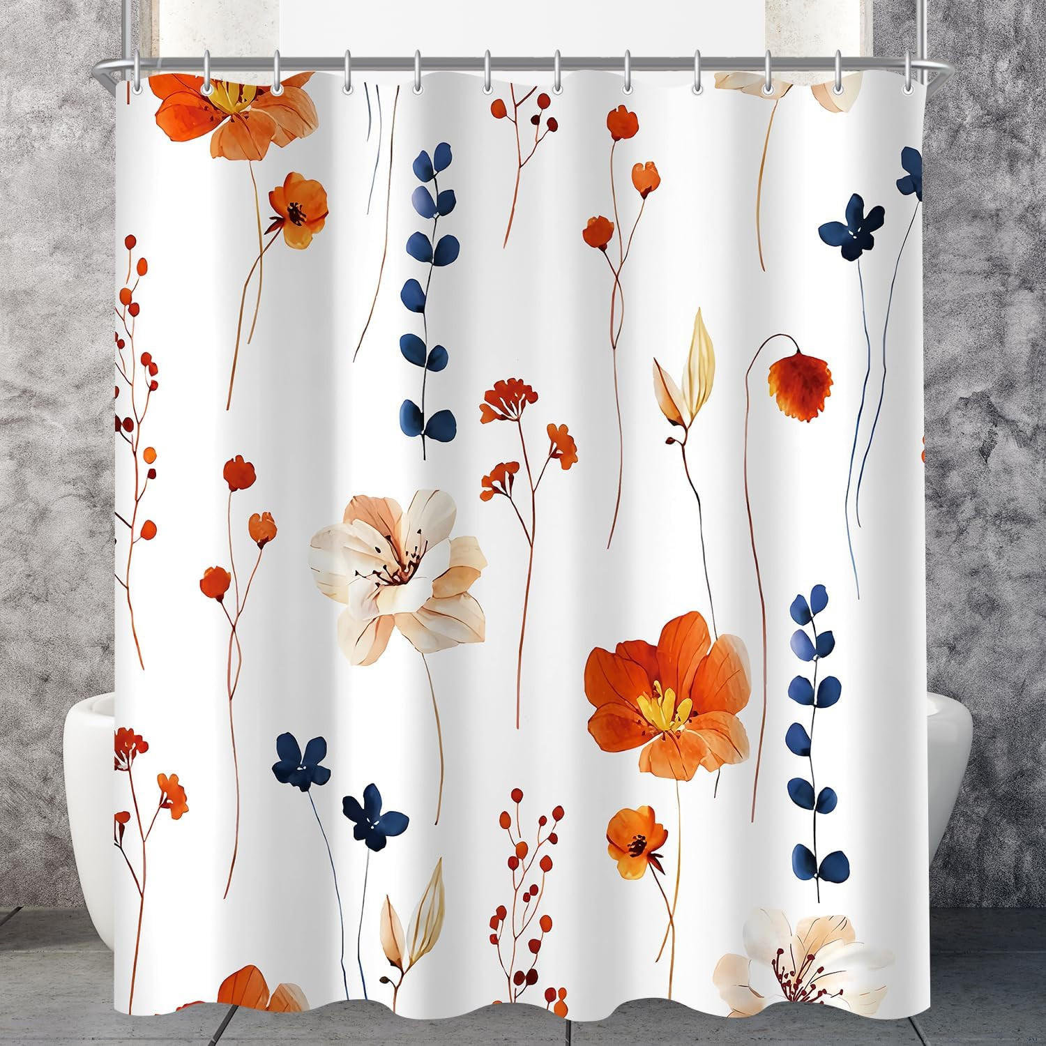 DUSCHVORHANG Blumen Muster beschwerter Saum schimmelresistent wasserabweisend waschbar Polyester fürs Badezimmer Badewanne - Orange, Textil (200/180cm) - MCBOSON