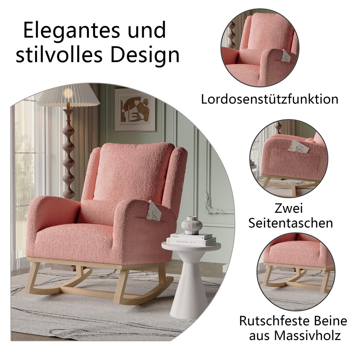 SCHAUKELSTUHL Plüsch Lendenstütze Taschen Holzfüße rosa - Rosa, Holz (52/96/93cm) - LEBENLANG