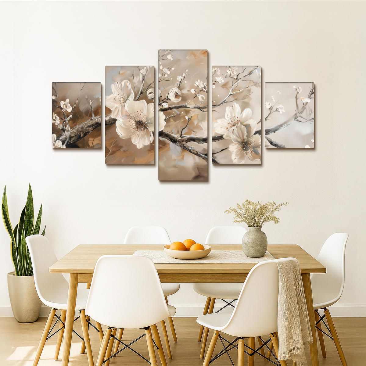 LEINWANDBILD 5er Set Blüte - Beige - Abstrakt - Blumen 150x80 cm - Hellbraun, Textil (150/80cm) - MuchoWow