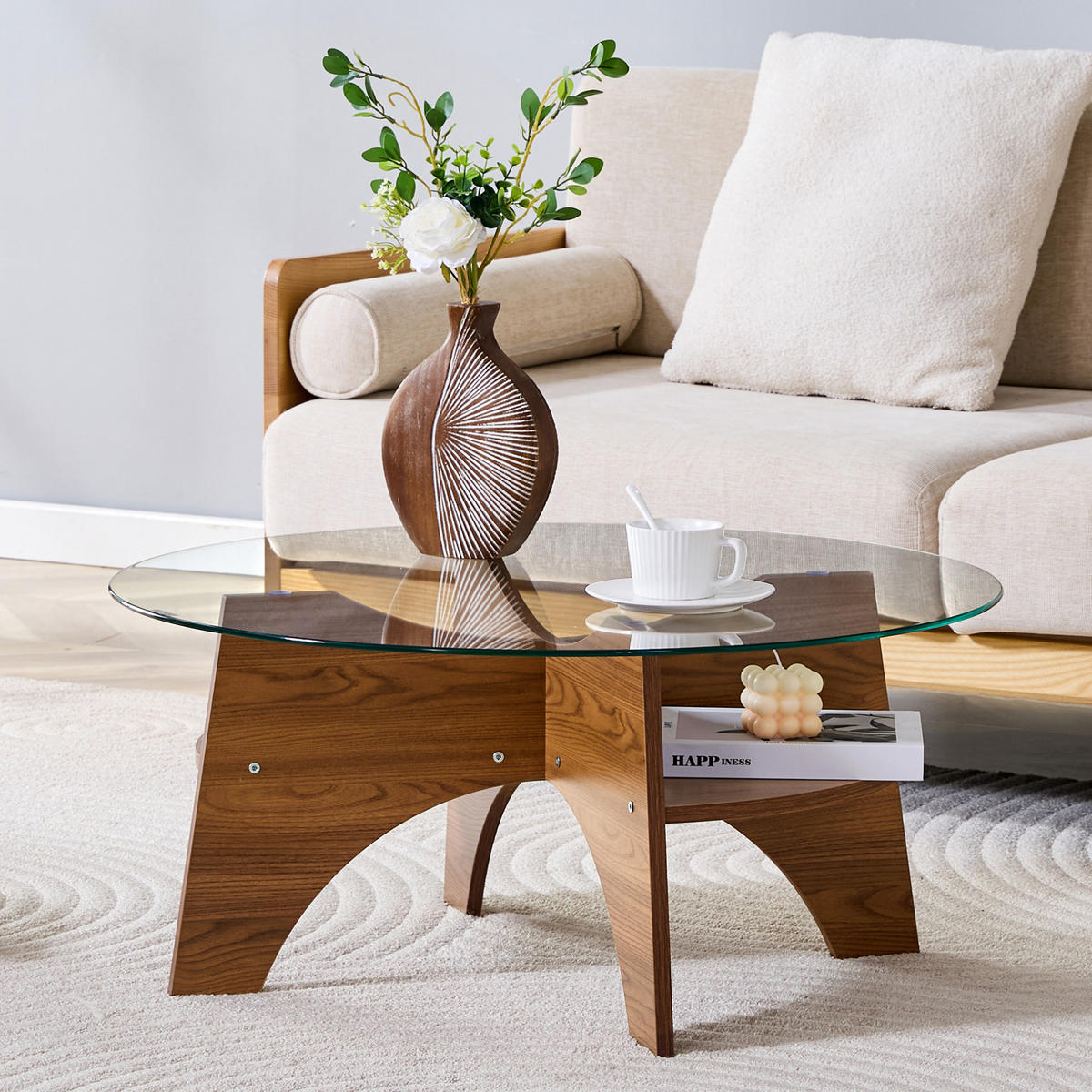 BEISTELLTISCH 80/80/36 cm mit Sicherheitsglasplatte und fächerförmigem MDF-Gestell in Nussbaum-Optik, Transparent/Walnuss - Walnussfarben, Holzwerkstoff (80/80/36cm) - Redom