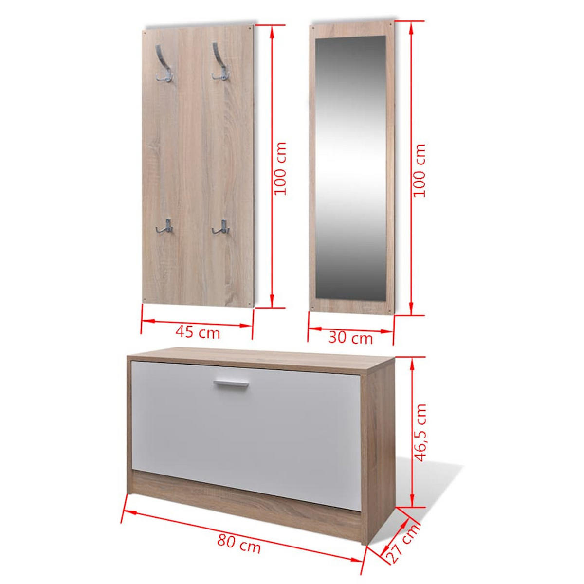 FLURKOMBINATION 3-in-1 in Eiche – Platzsparender Schuhschrank mit Spiegel & Garderobe, ideal für schmale Dielen - Braun, Holz (27/46.5/80cm) - vidaXL
