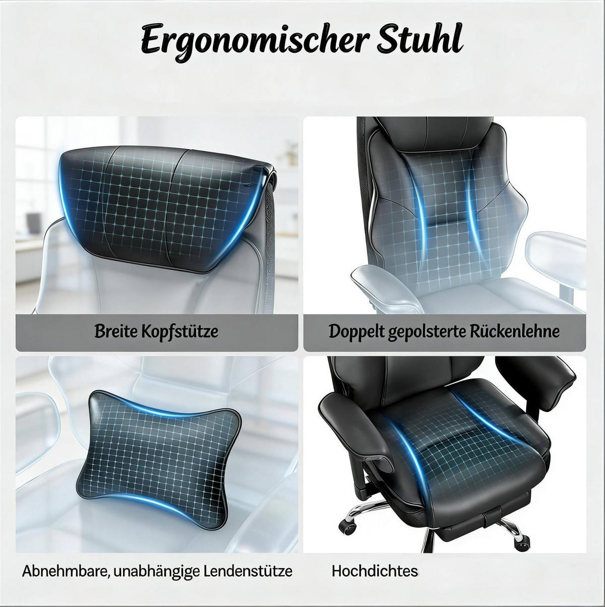 BÜROSTUHL ergonomisch höhenverstellbar Schwarz mit Fußlehne - Schwarz, Metall (77/125.5/35.5cm) - Meubliv