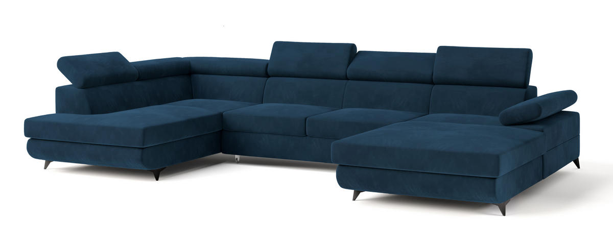 WOHNLANDSCHAFT RUBANO L-S Blau Velours-Stoff mit Schlaffunktion - Blau, Holz (339/89/190cm) - MASSENO