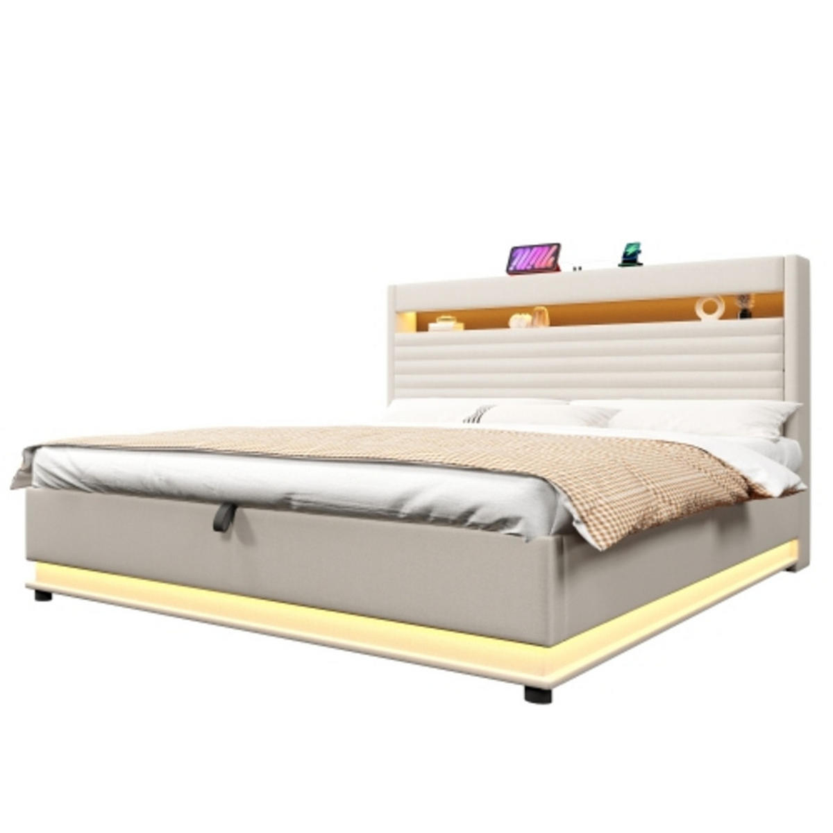 POLSTERBETT beige 218×182×113,5 cm aus Leinen-Stoff mit Hydraulikbettkasten, zweiseitigen LED-Leisten - Beige, Textil (180/200cm) - Luhomfu