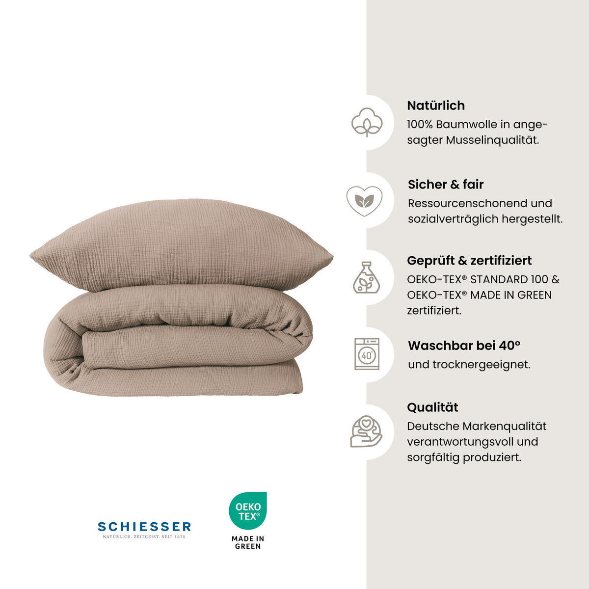 BETTWÄSCHESET Molly - Musselin - 2-teilig - 135 x 200 cm - Taupe - Taupe, Textil (135/200cm) - SCHIESSER