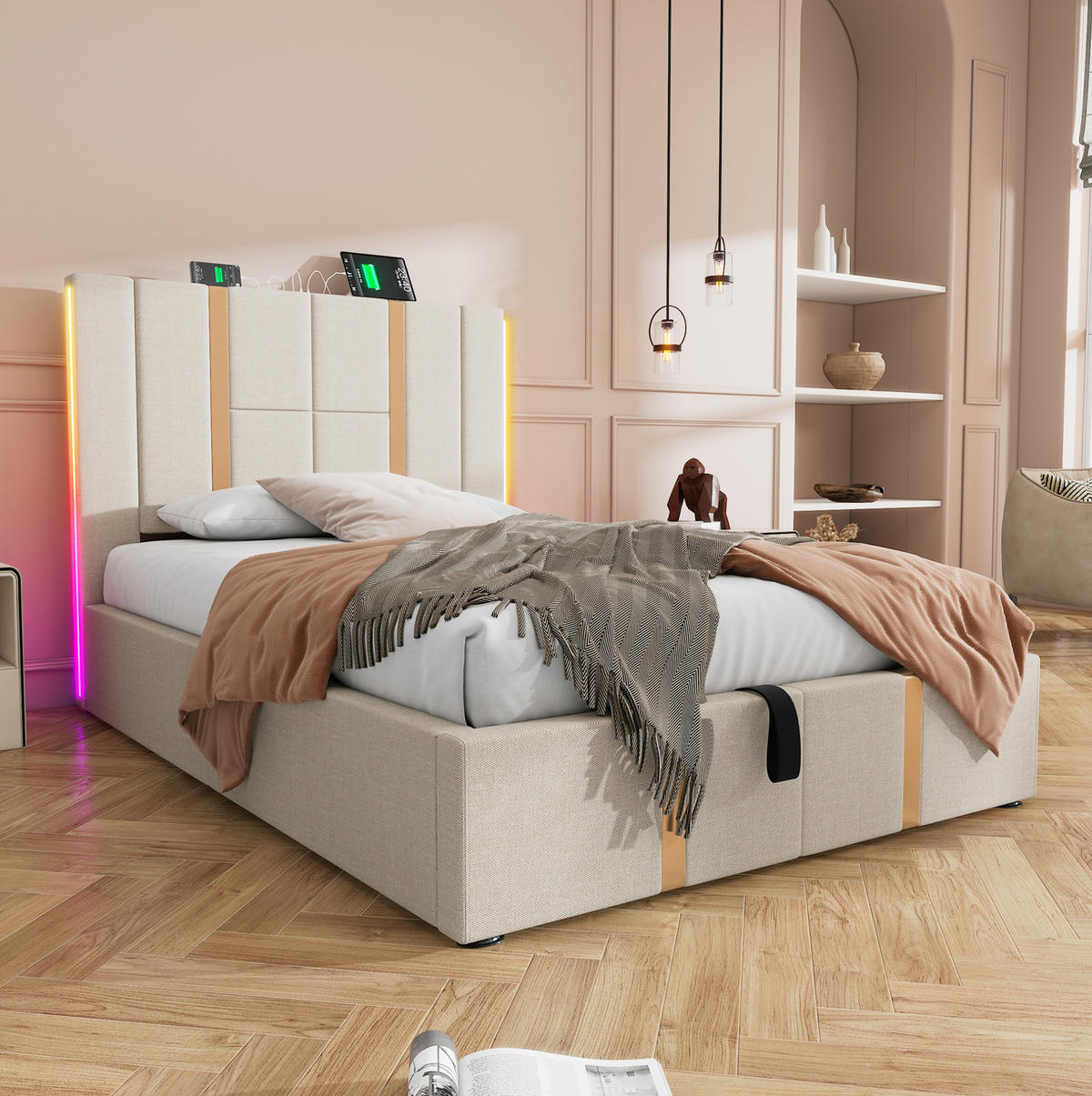 ČALÚNENÁ posteľ 90/200 cm béžová s LED, USB a úložným priestorom z ľanovej tkaniny - béžová, textil (90/200cm) - OKWISH
