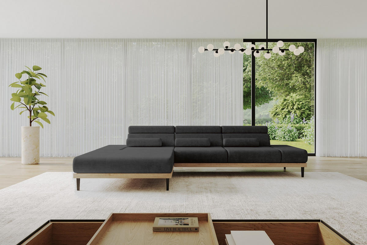 ELEKTRISCHES ECKSOFA Links MONA 316x205x85 Schwarz Velours - Schwarz/Graphitfarben, Holzwerkstoff/Textil (316/205cm) - ALTDECOR