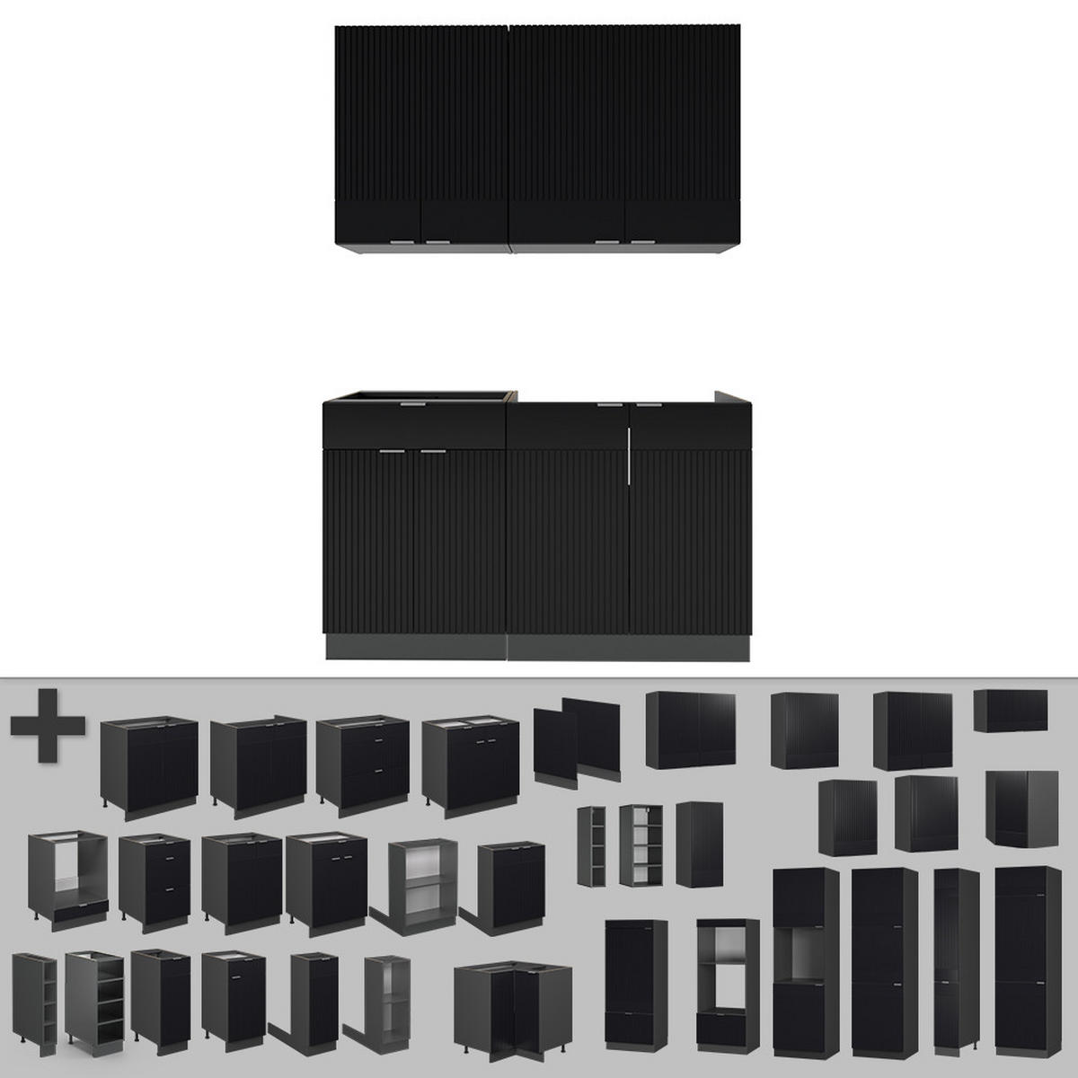 SINGLEKÜCHE Fame-Line, Schwarz gestreift/Anthrazit, 140 cm ohne Arbeitsplatte - Anthrazit/Schwarz, Holzwerkstoff (140/81.6/46cm) - Vicco