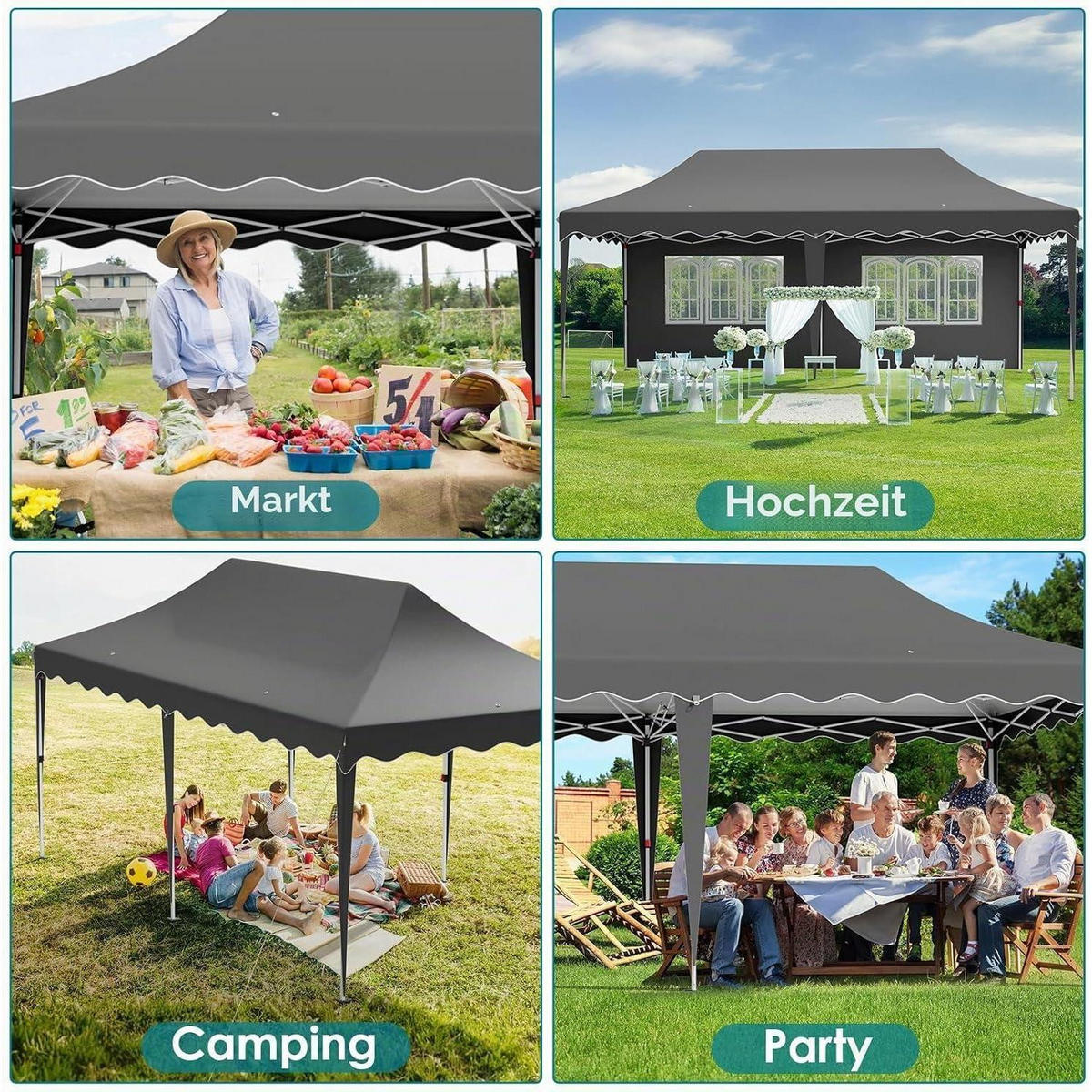 FALTPAVILLON 3x6 m Grau Wasserdicht mit 6 Seitenwänden, winterfest - Grau, Textil (300/310/600cm)
