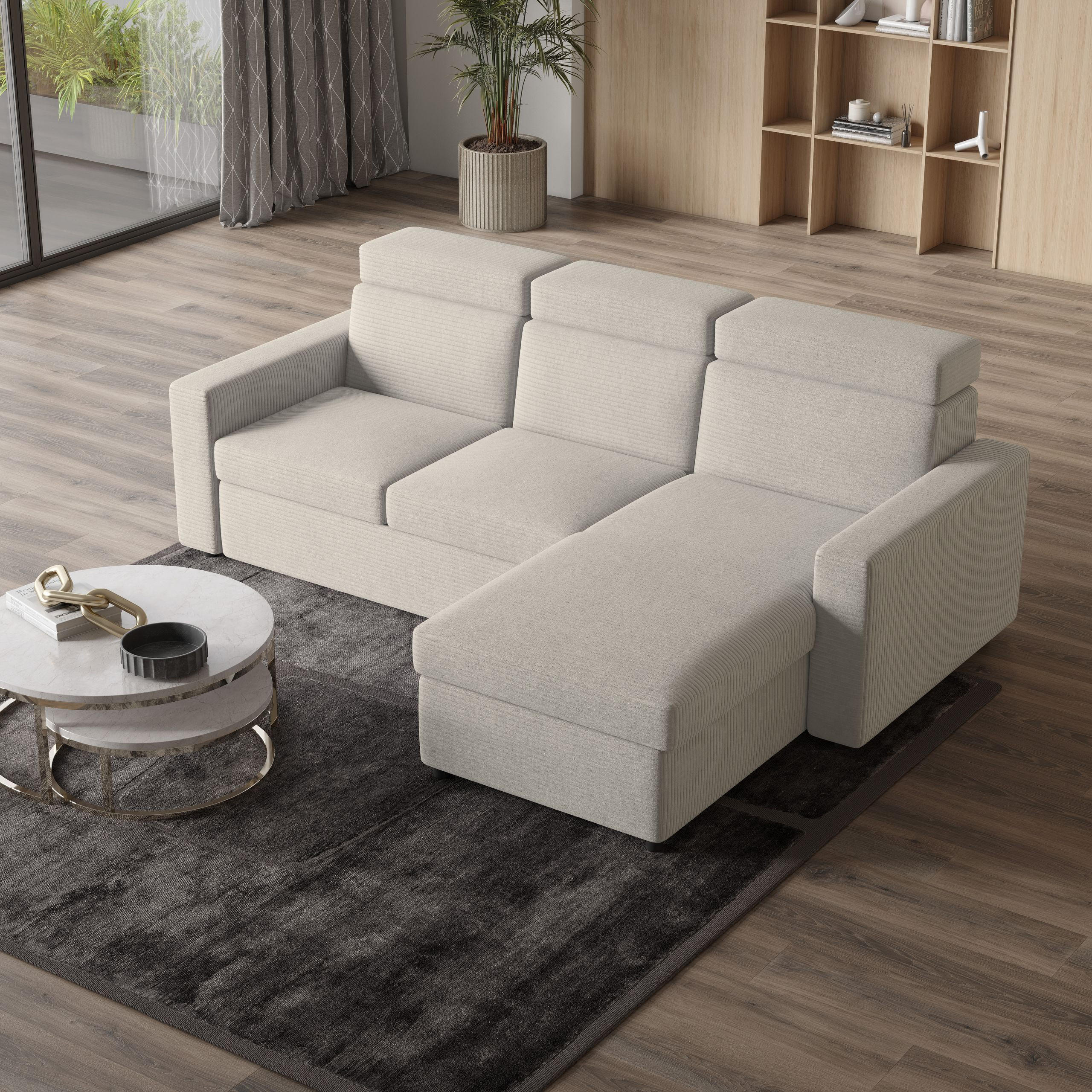 ECKSOFA PADWA Creme Kordstoff mit Schlaffunktion - Creme, Holz (227/168cm) - MASSENO