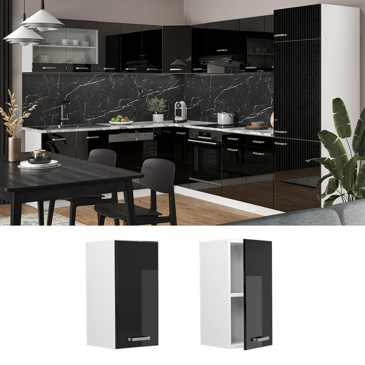 HÄNGESCHRANK R-Line Schwarz Hochglanz 30 cm - Schwarz Hochglanz/Schwarz, Holzwerkstoff (30/60/31cm) - Vicco
