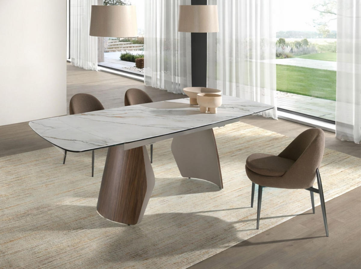 ESSTISCH Ovaler ausziehbarer Esstisch in Fassform aus Porzellan-Marmor, metallisch sandfarbenem Stahl und Nussbaumholz Ø180/100/76 cm - Sandfarben/Walnussfarben, Stein/Metall (100/180/76cm) - ANGEL CERDA
