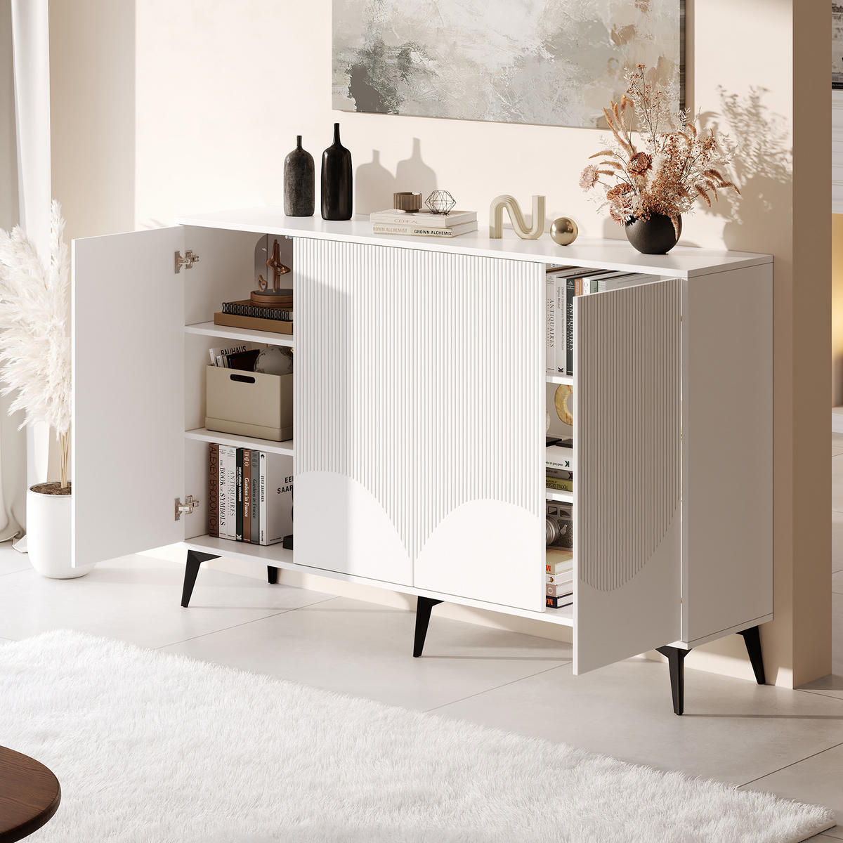 SIDEBOARD Weiß 4 Türen 160cm Metallbeine Stauraum Modern - Weiß, Holzwerkstoff (35/100/160cm) - FLIEKS