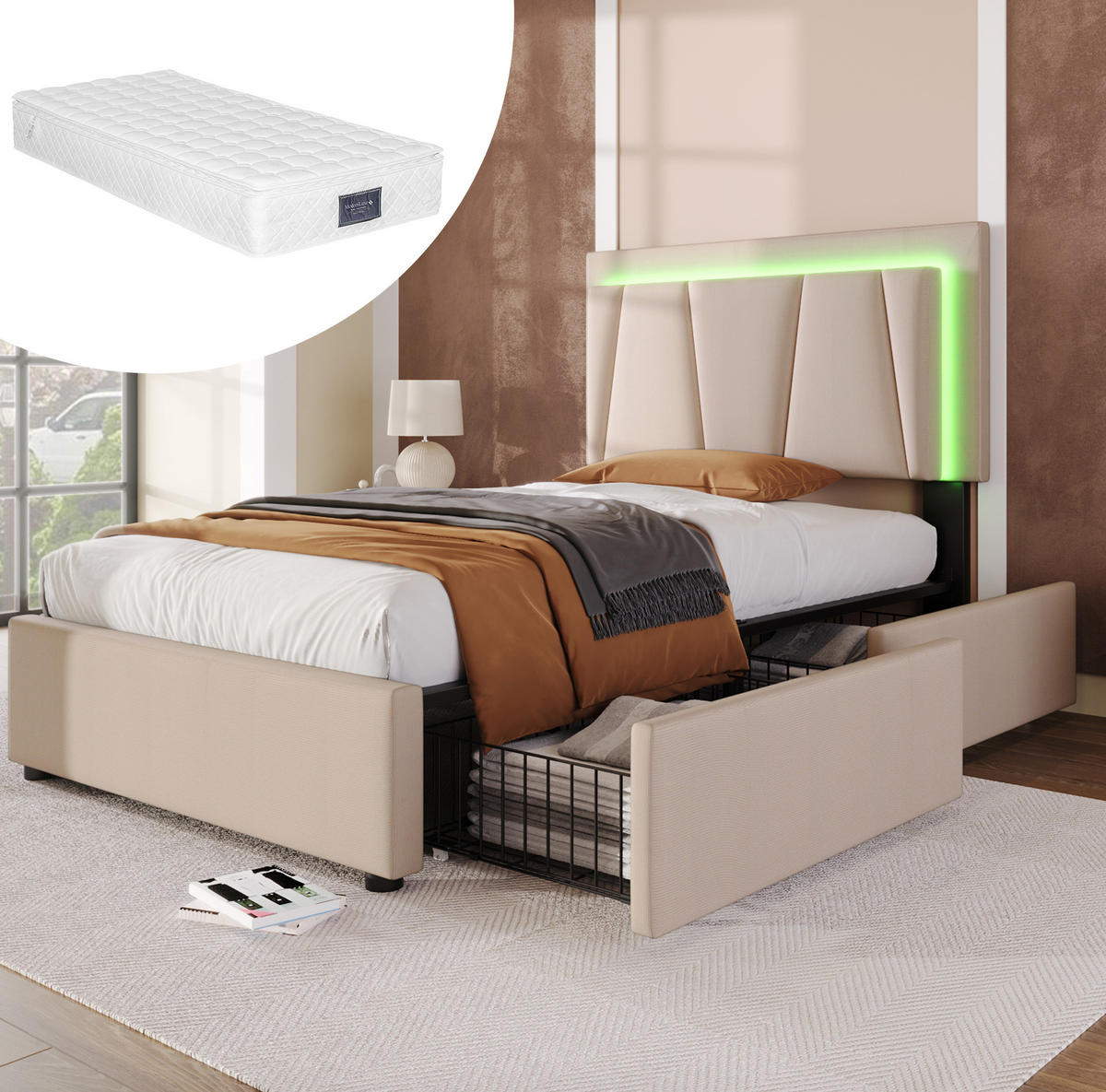 POLSTERBETT 90/200 cm in Beige mit LED-Beleuchtung, 2 Schubladen und Matratze - Beige, Holzwerkstoff (90/200cm) - Flora Grace